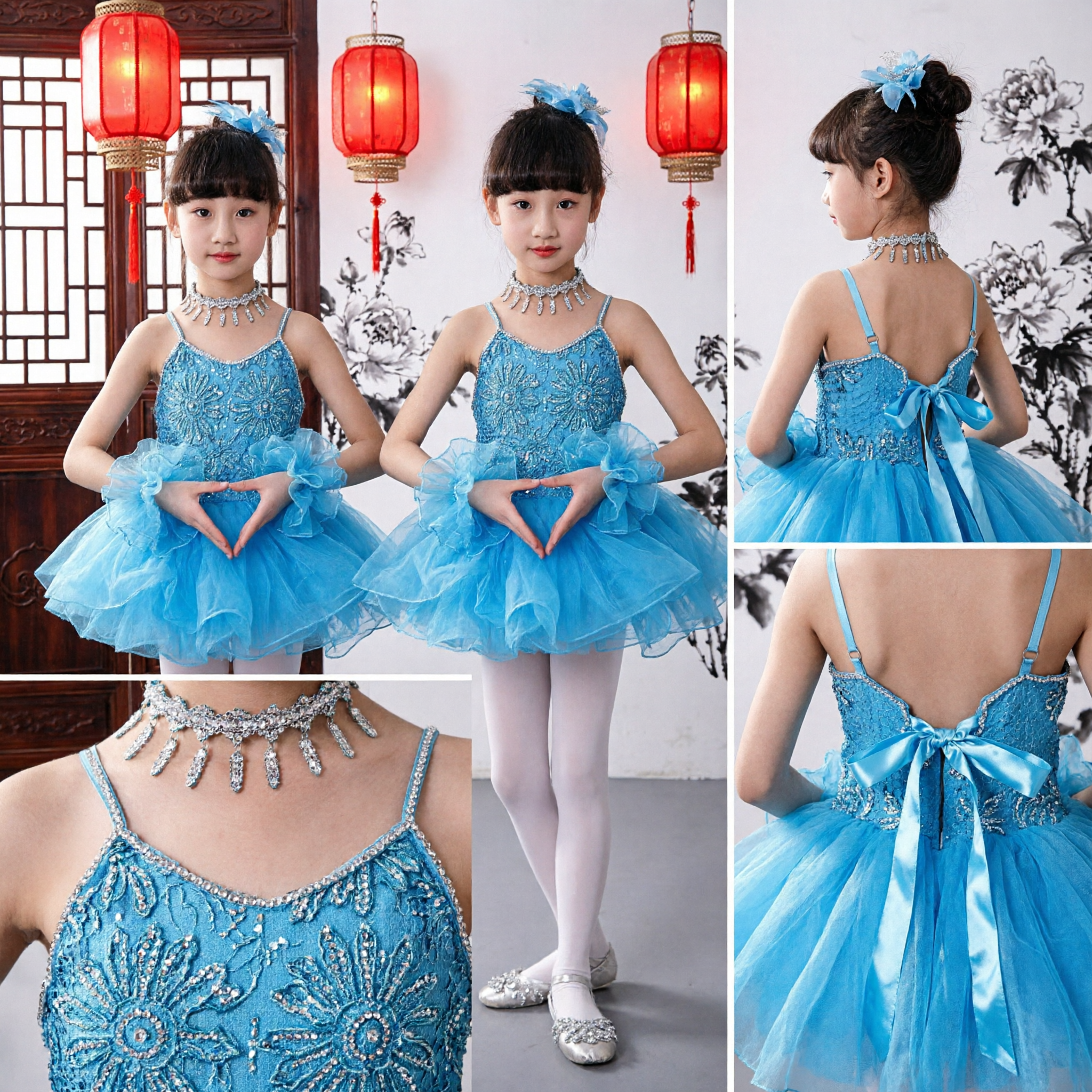Vestito da Ballo Blu con Paillettes e Gonna in Tulle per Bambine, Costume Moderno per Spettacoli - Asian Costume