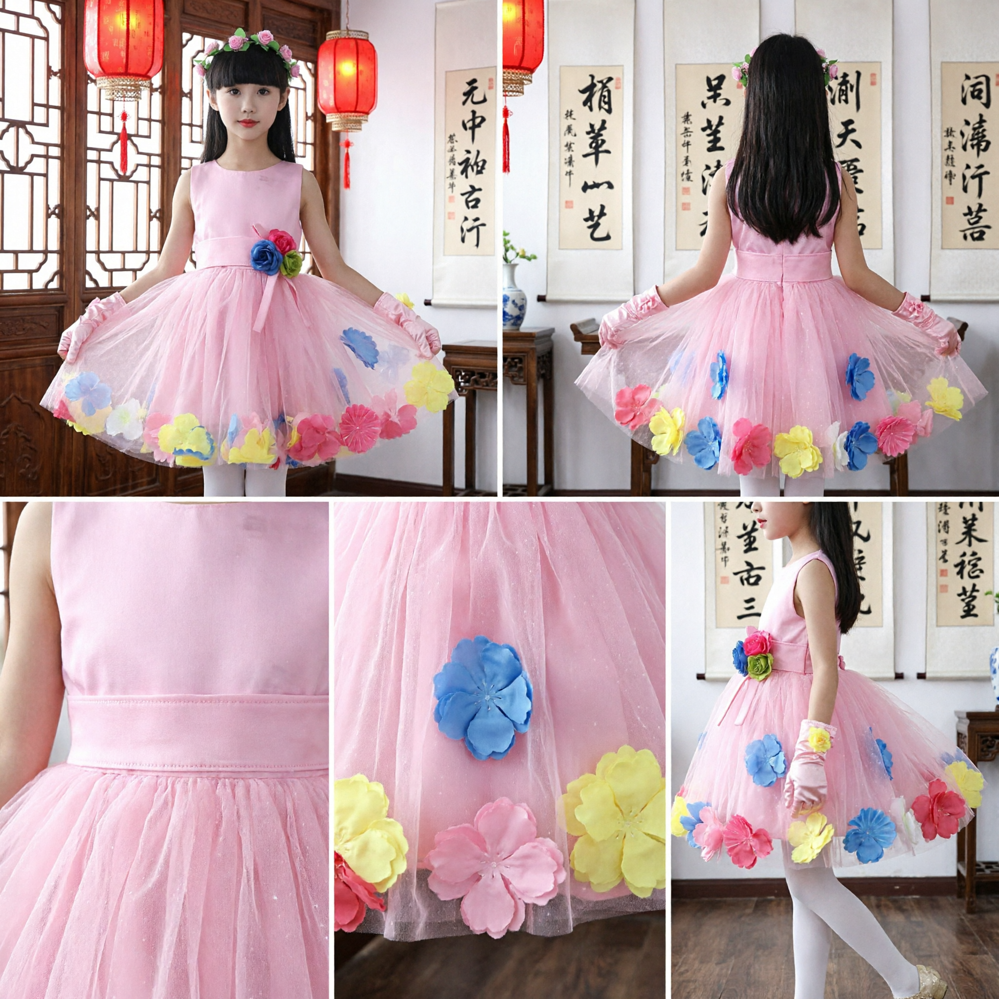 Magnifique robe tutu tulle rose florale pour filles, costume de danse de scène et de fête - Asian Costume