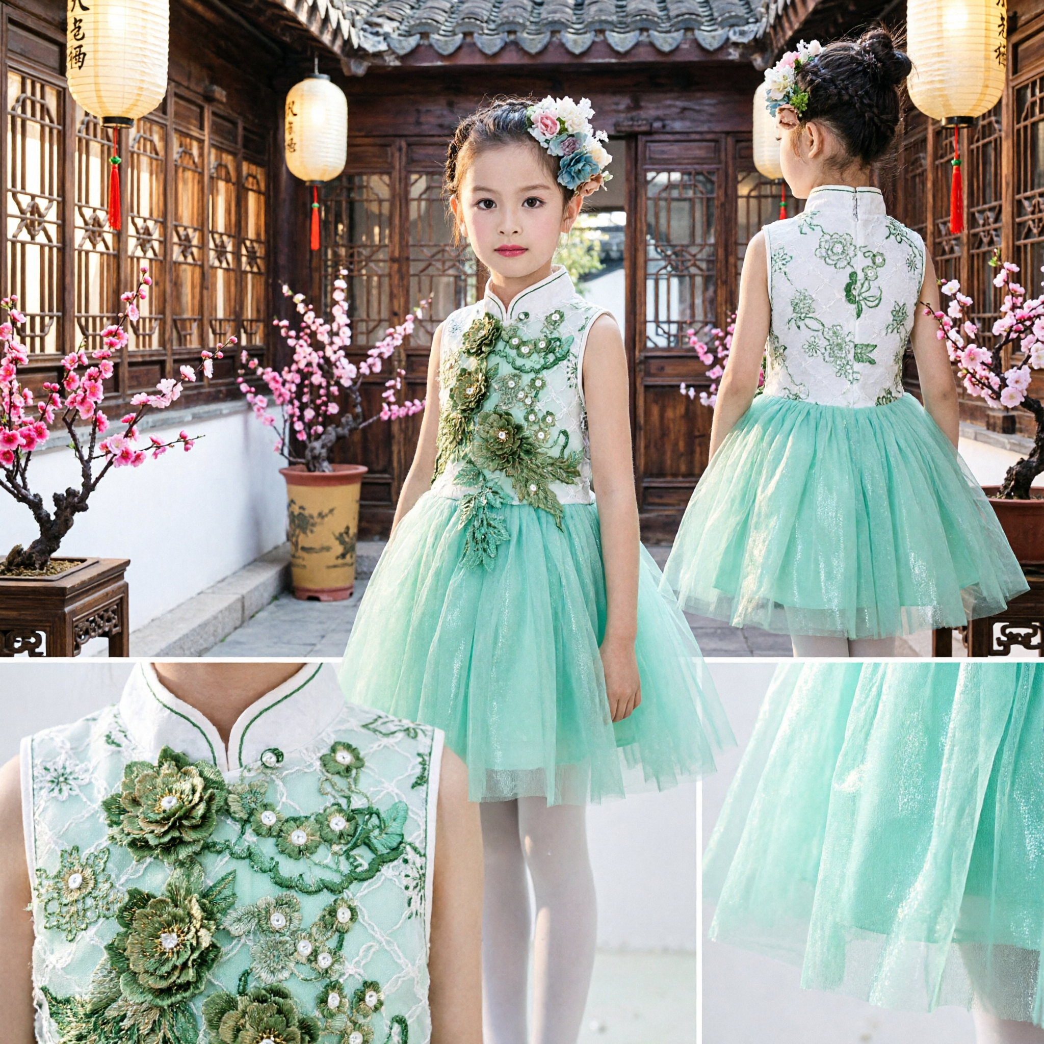 Vestido de Tul Verde con Bordado Floral para Niñas, Traje de Princesa para Damita de Boda, Fiesta y Actuaciones - Asian Costume