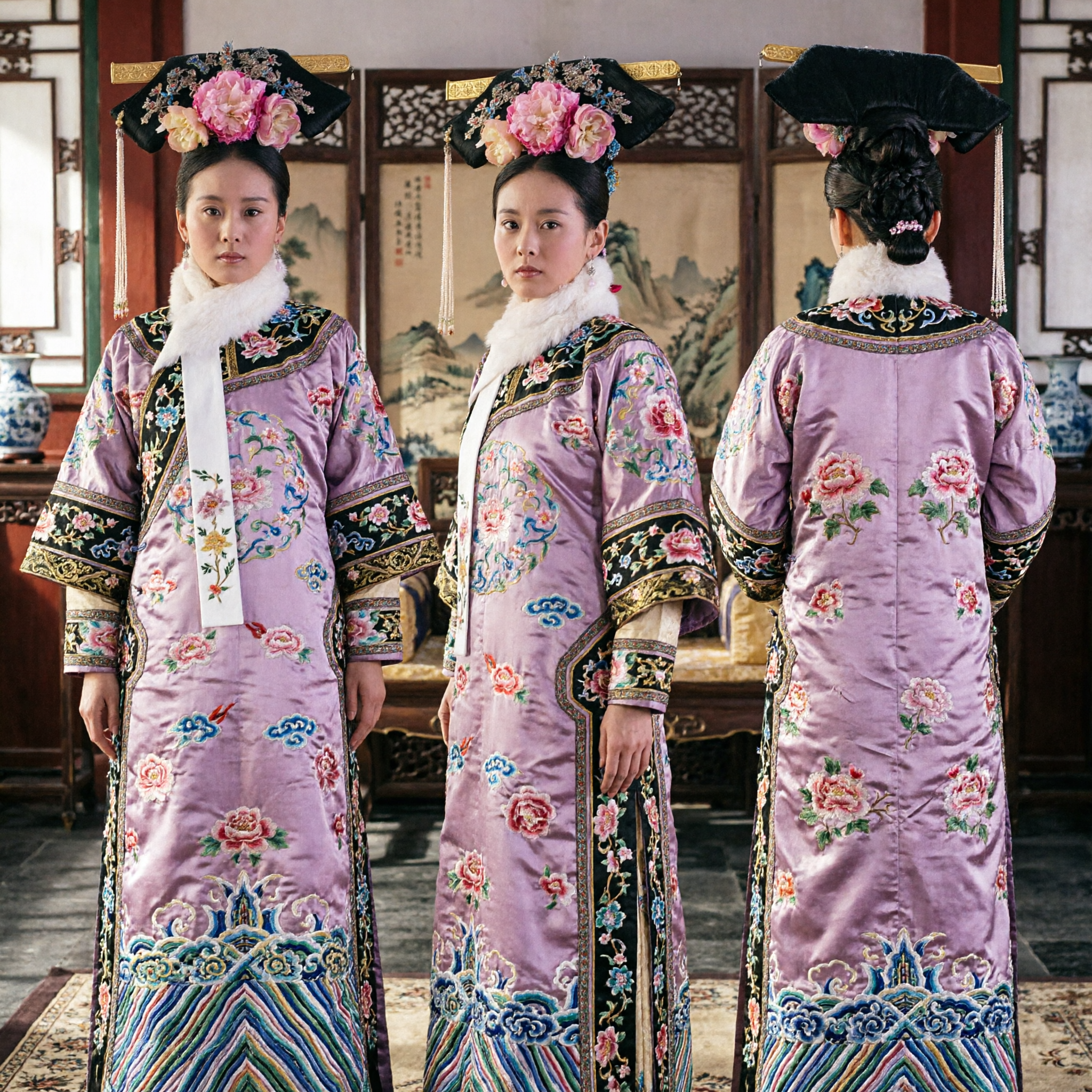 伝統中国風清朝満州族プリンセスヘッドドレス ピンクの牡丹と刺繍付き 漢服コスプレ用 - Asian Costume