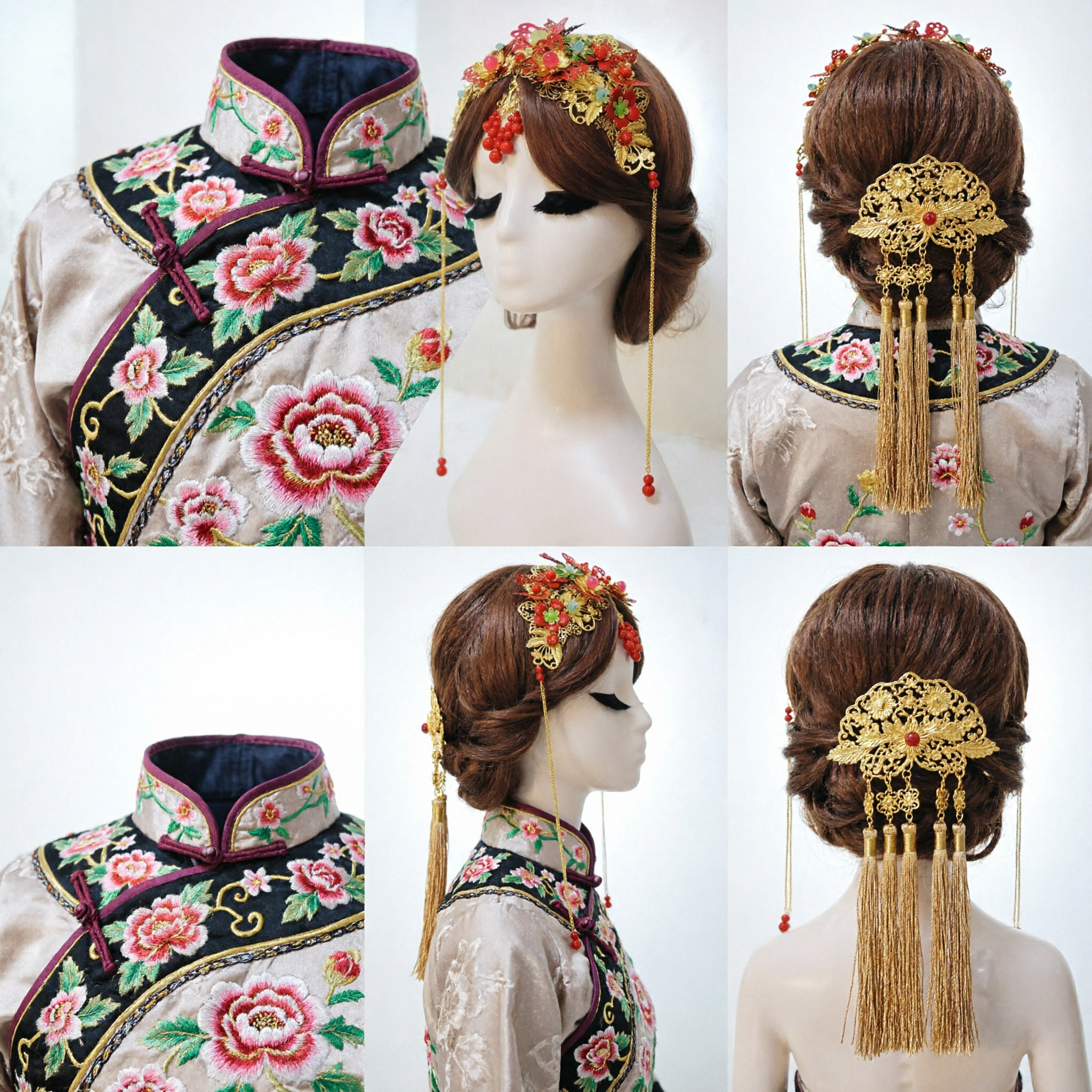 Tradycyjna chińska złota ślubna ozdoba do włosów z filigranu z czerwonymi paciorkami i kwiatami dla stroju panny młodej w Hanfu - Asian Costume