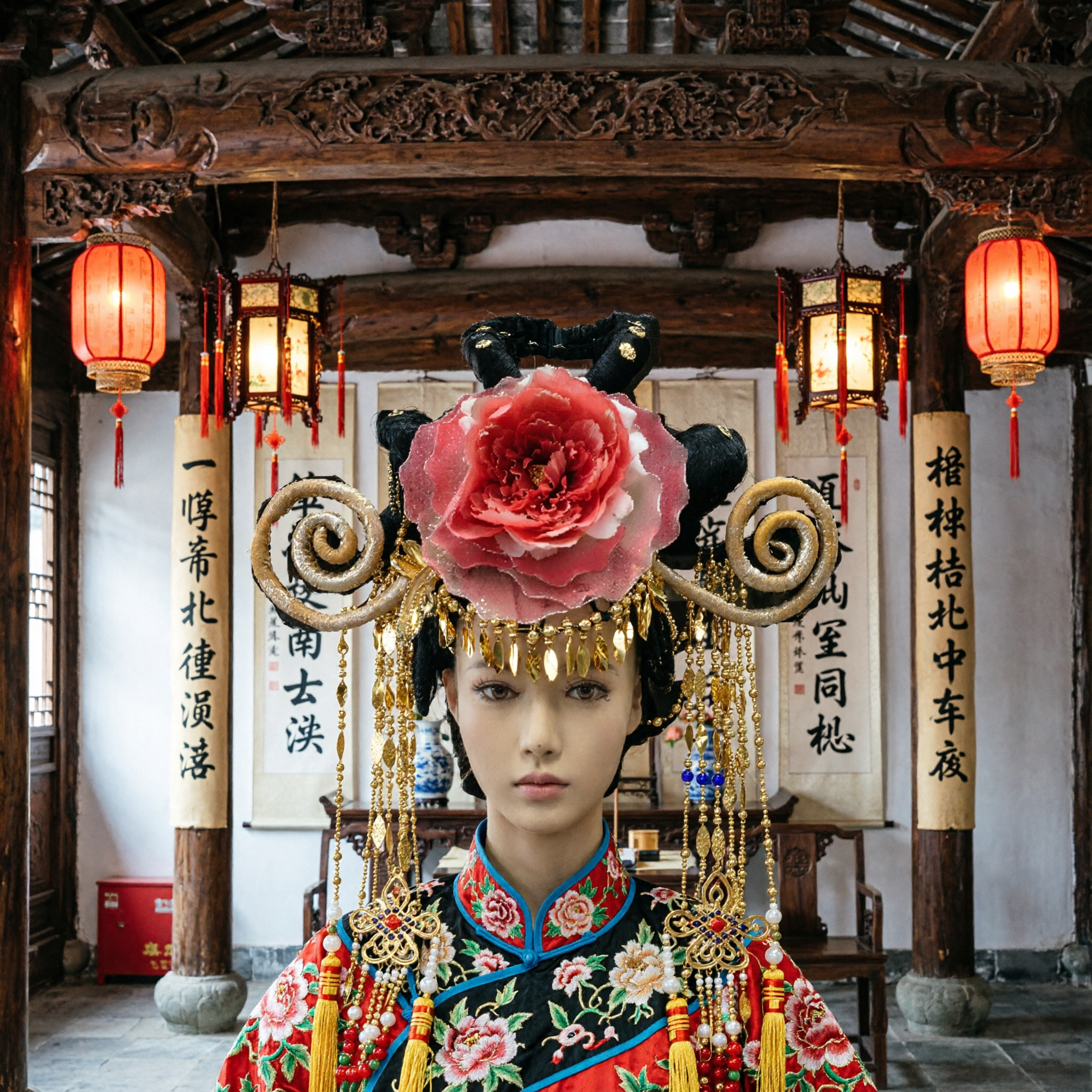 Headdress d'opéra de Pékin chinois traditionnel avec fleur de pivoine rose et spirales de fil doré pour performance costumée féminine - Asian Costume
