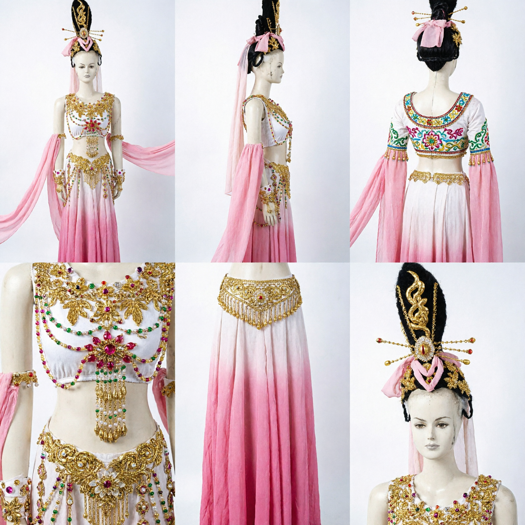 Women's Pink Dunhuang Flying Apsara Chinese Classical Dance Costume with Gold Jewelry for Stage Performance - Asian Costume