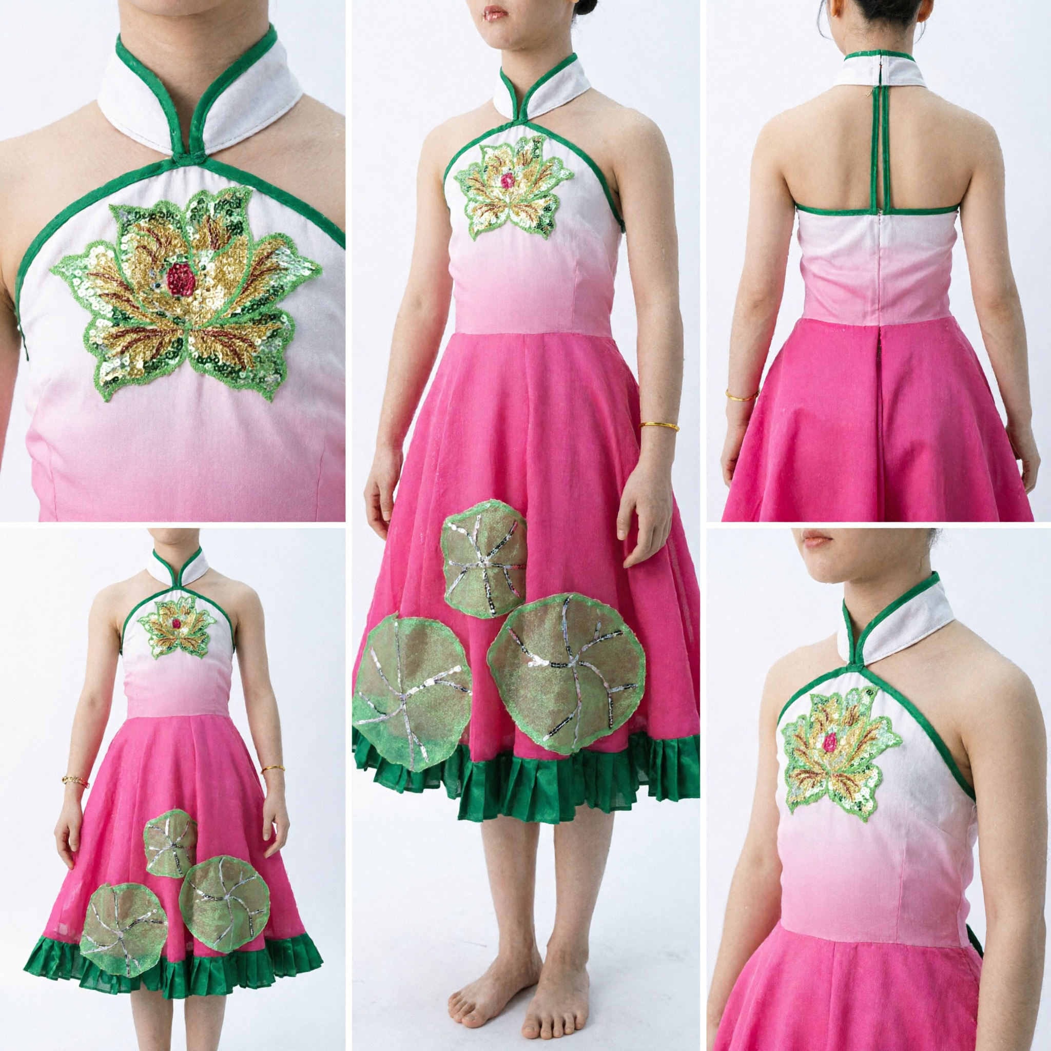 Traditional Chinese Lotus Dance Costume Pink Folk Dress Performance Outfit with Green Leaf Skirt for Girls - Asian Costume