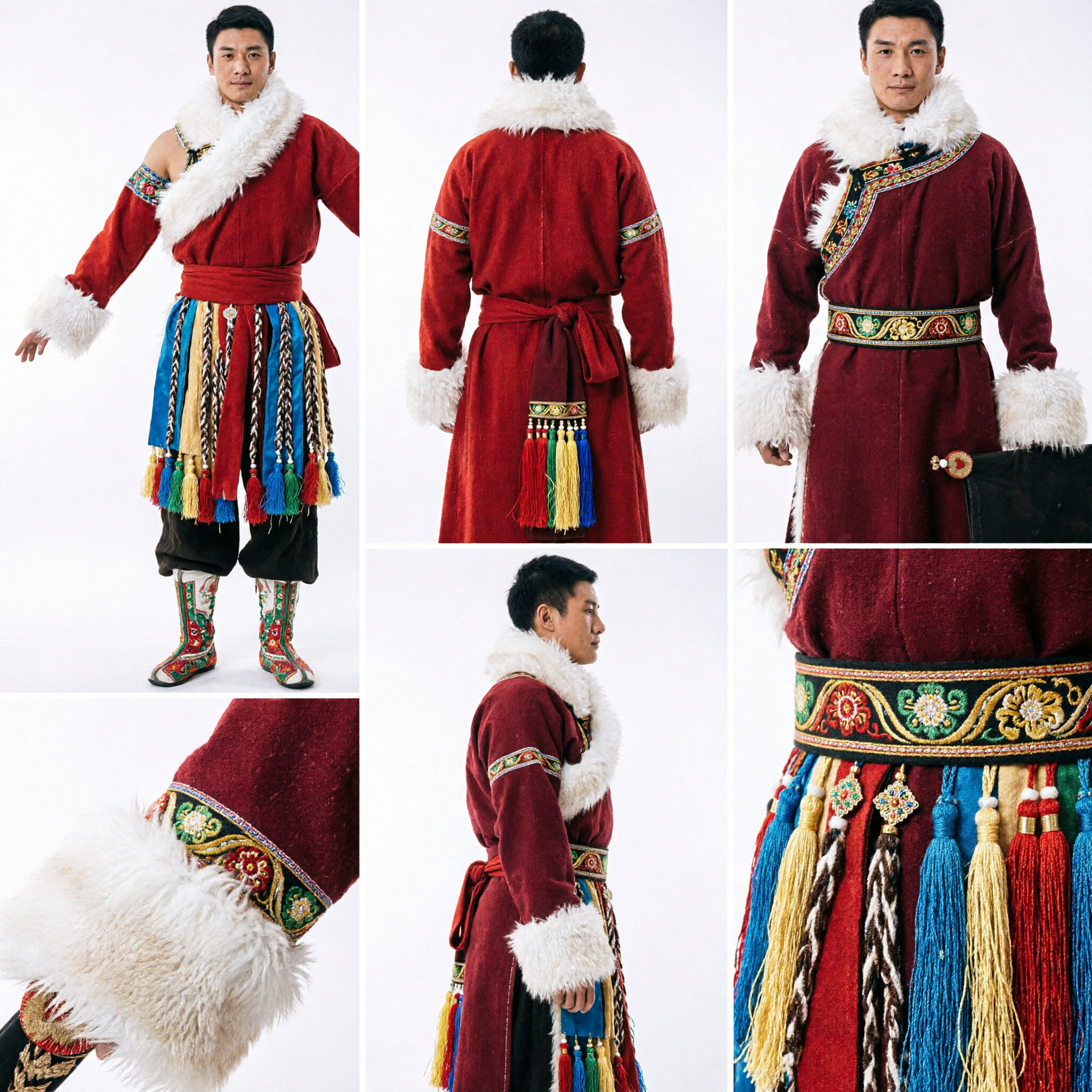 Herren-Traditionelles tibetisches Volkstanzkostüm Roter pelzbesetzter Robe und Hut für Bühnenauftritt - Asian Costume