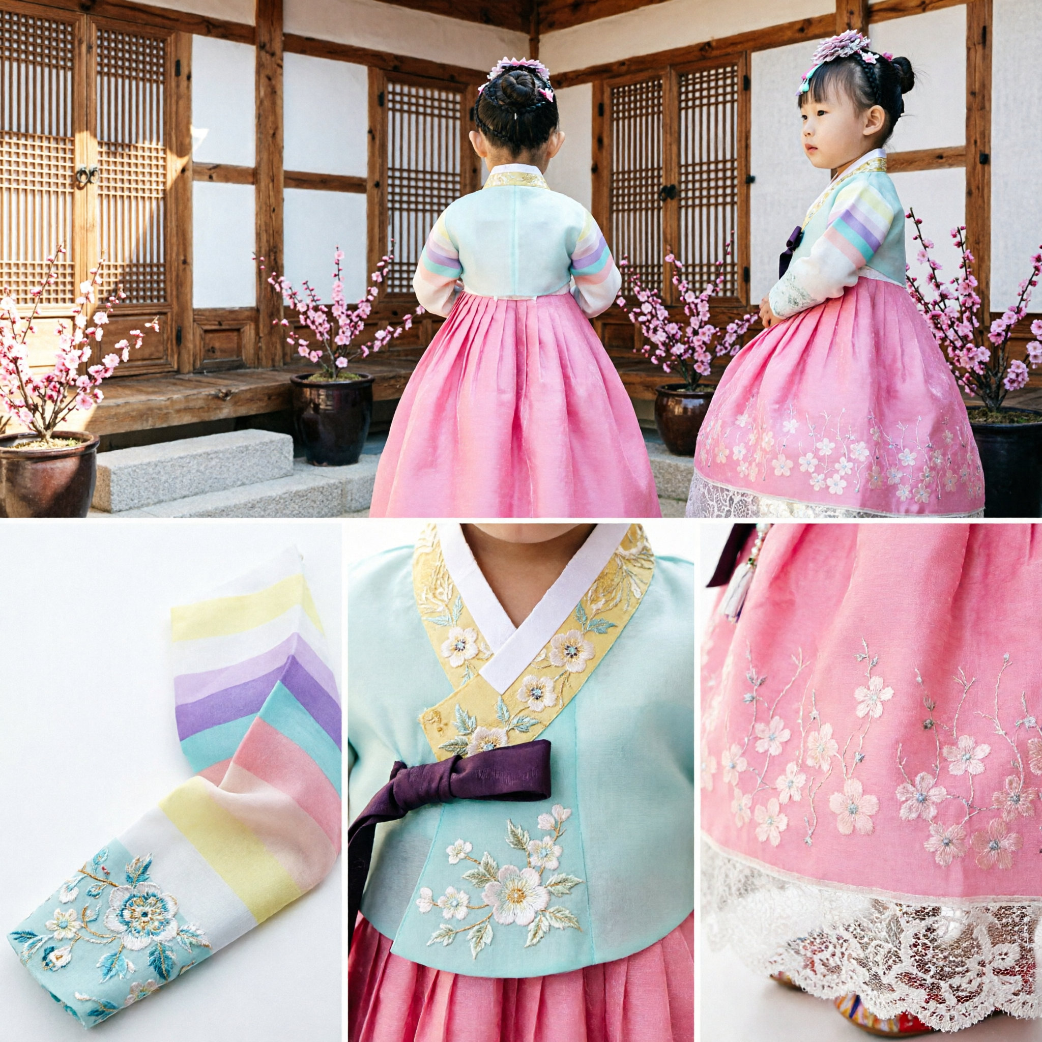 Vestido Tradicional Coreano Hanbok para Meninas, Chima Rosa e Jeogori Arco-íris para Dol, Aniversário e Casamento - Asian Costume