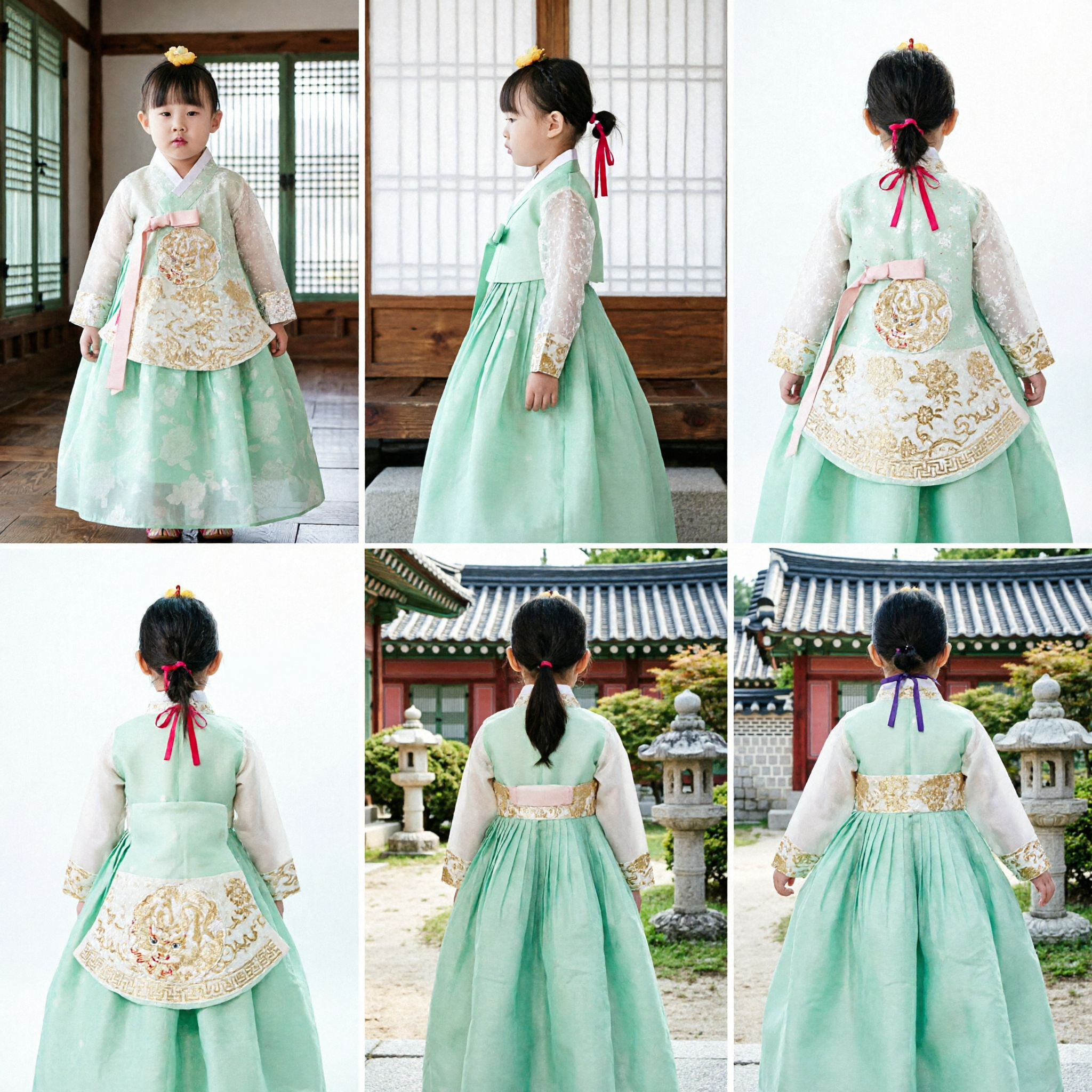 Conjunto Hanbok Tradicional Coreano para Niña Pequeña Top de Encaje Verde Menta y Falda Floral para Días Festivos - Asian Costume