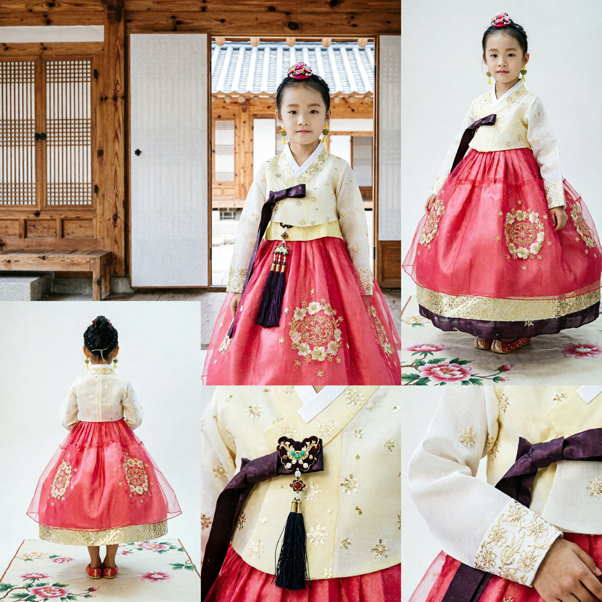 Hanbok Tradicional Coreano para Meninas, Vestido Rosa com Bordado Dourado, Traje Formal Infantil para Festas - Asian Costume