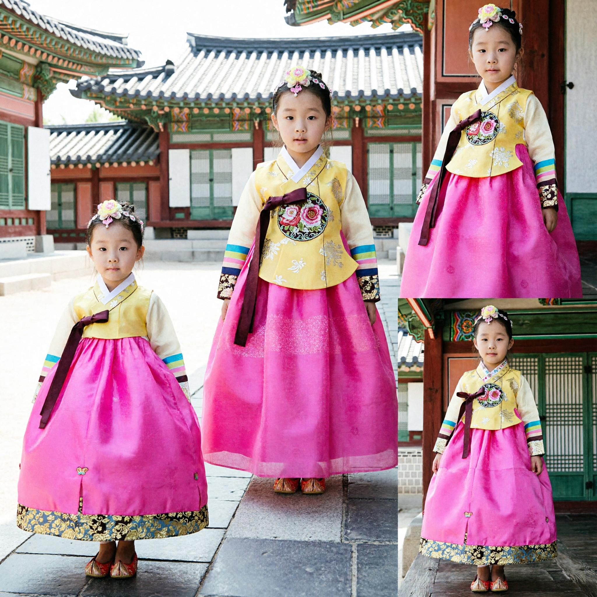 Hanbok Tradicional Coreano para Meninas, Colete Amarelo com Bordado Floral e Vestido Chima Rosa, para Festivais e Casamento - Asian Costume