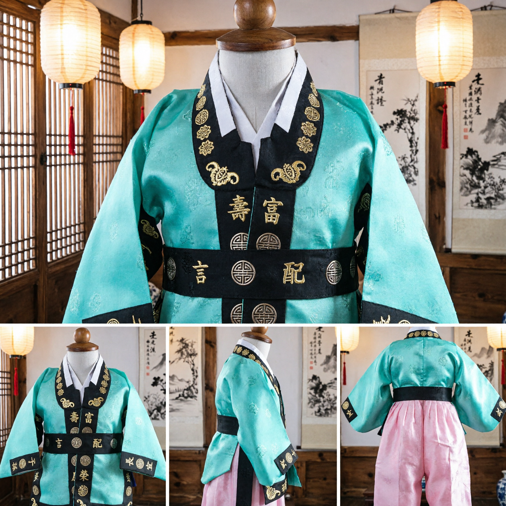 Hanbok Tradicional Coreano para Meninos, Jeogori Azul Petróleo com Bordado Dourado e Calças Rosa, Traje para Casamento - Asian Costume