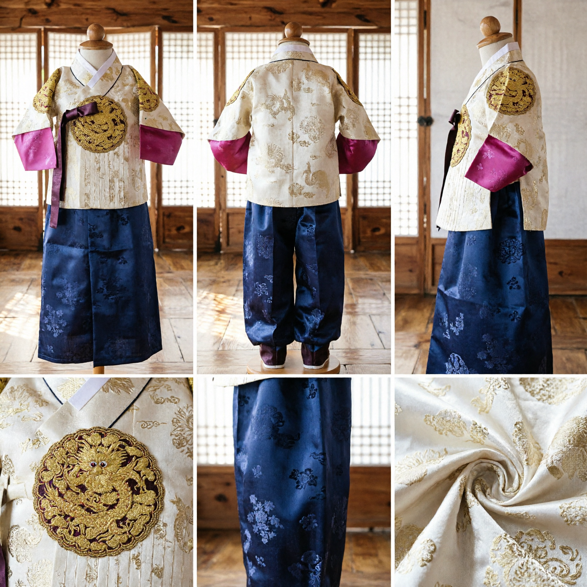 Hanbok Tradicional Coreano para Meninos, Top com Bordado de Dragão Dourado e Calças Azul Marinho para Cerimônia de Casamento - Asian Costume