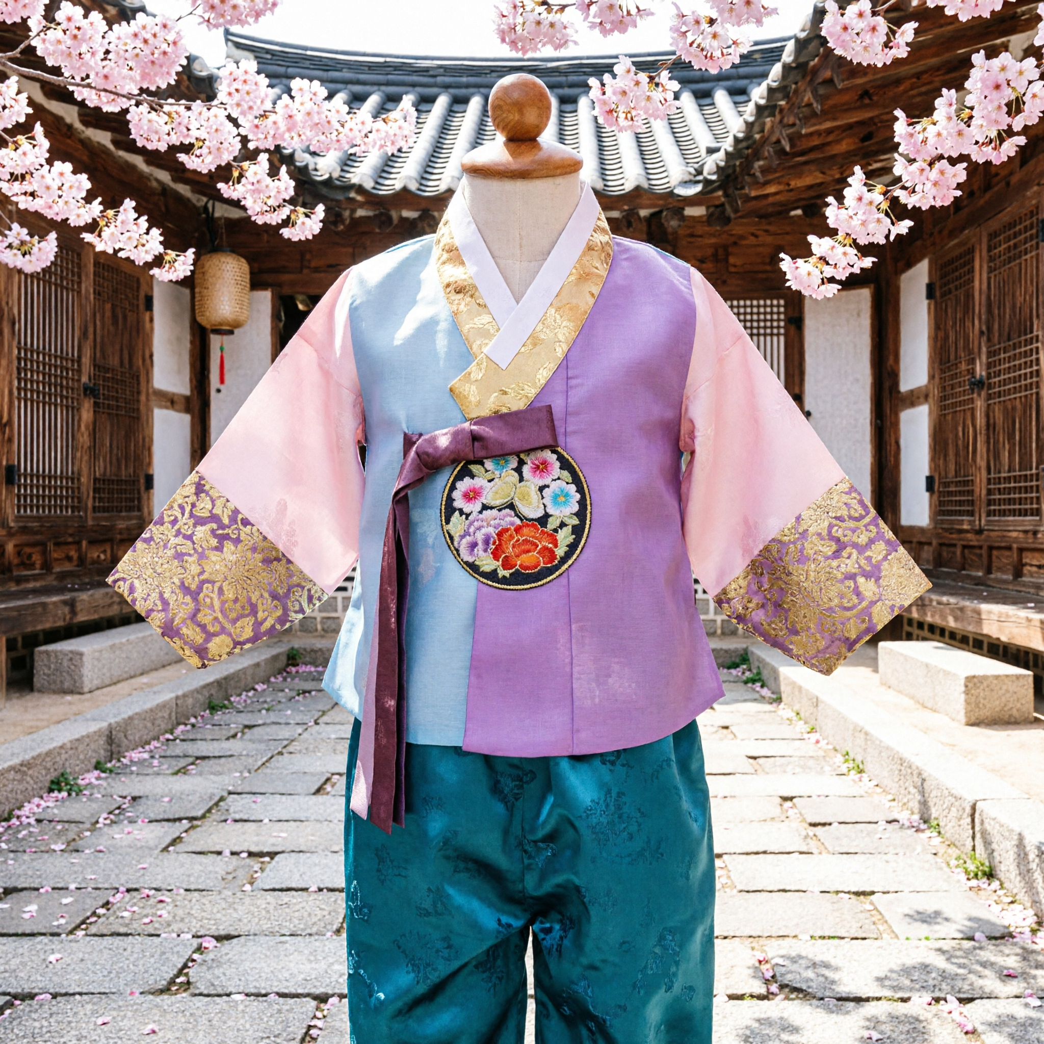 子供用伝統韓国ハンボクセット 刺繍花柄チョゴリ・トルボク 初誕生パーティー衣装 - Asian Costume
