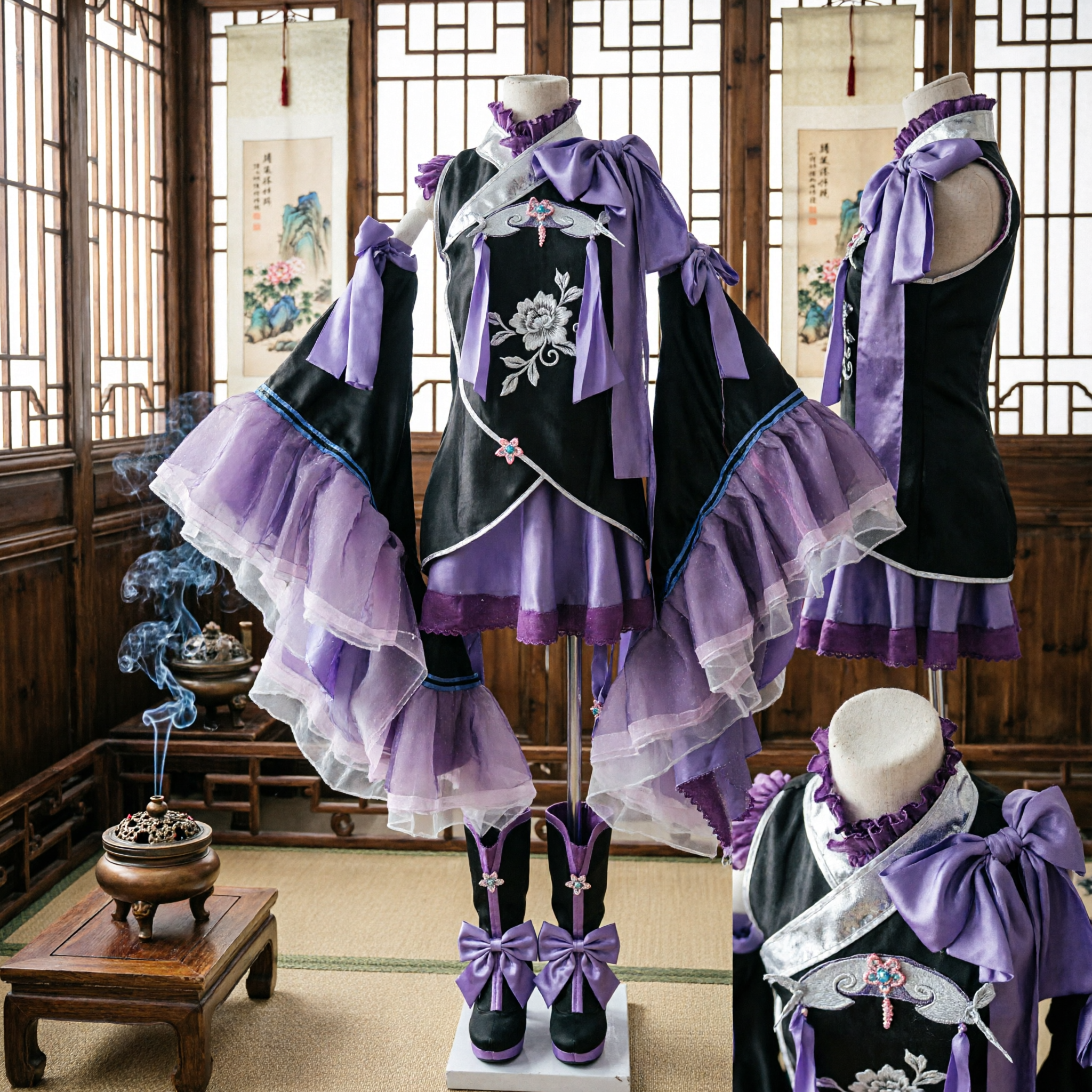 Elegante Traje de Cosplay de Fantasía Púrpura y Negro con Mangas de Tul Voladas para Convenciones de Anime y Halloween - Asian Costume