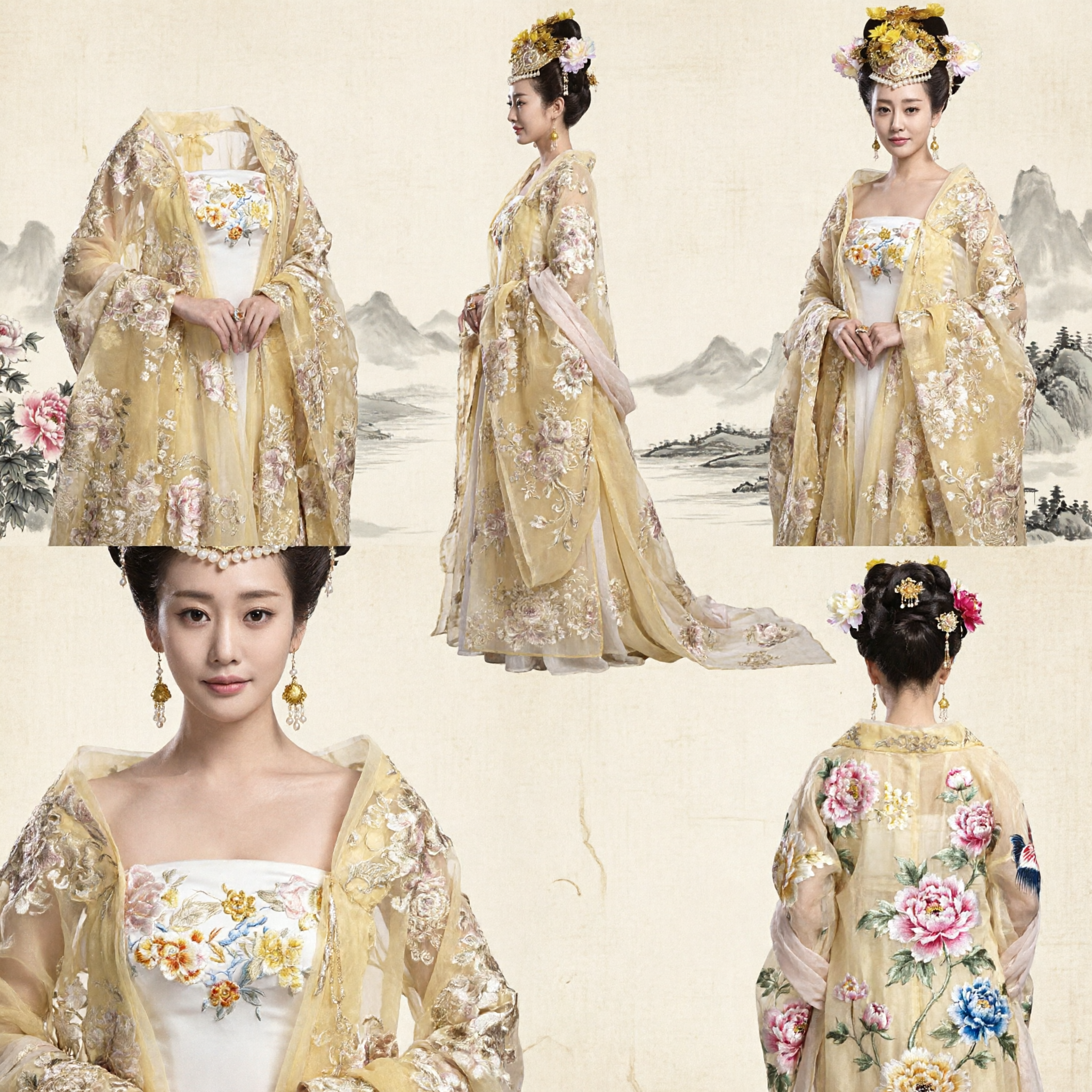 Costume da Principessa della Dinastia Tang Tradizionale Cinese Elegante Hanfu Giallo con Ricami Floreali per Spettacolo Donne - Asian Costume