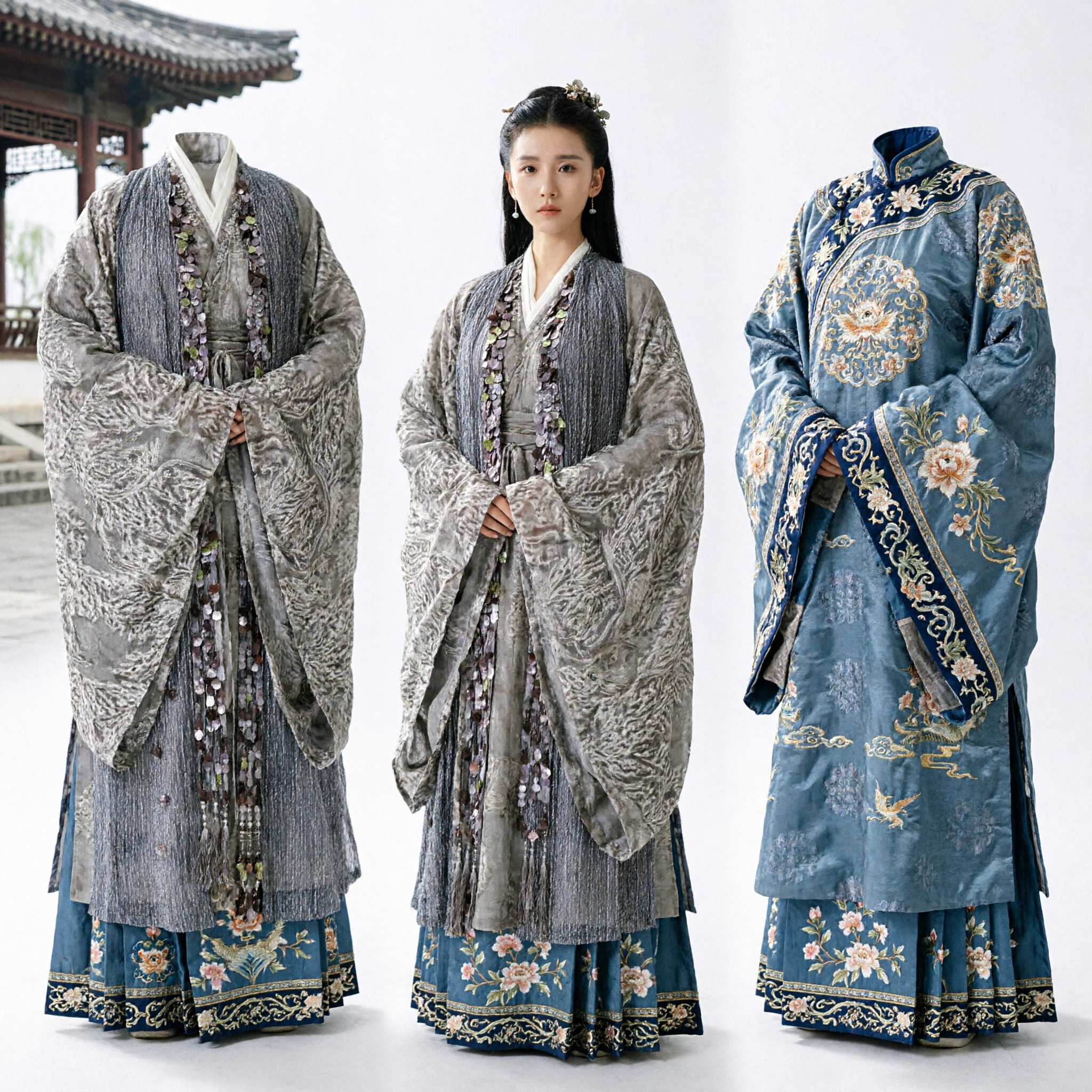 Traje Tradicional Antigo Chinês Feminino Hanfu Cosplay de Drama Histórico Robe Longo Cinza Bordado - Asian Costume