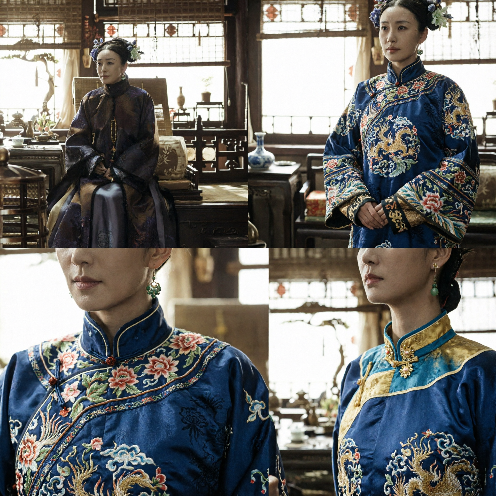 Tradizionale Costume da Nobildonna della Dinastia Qing Cinese Veste Ricamata Blu Scuro per Donne Cosplay Storico - Asian Costume
