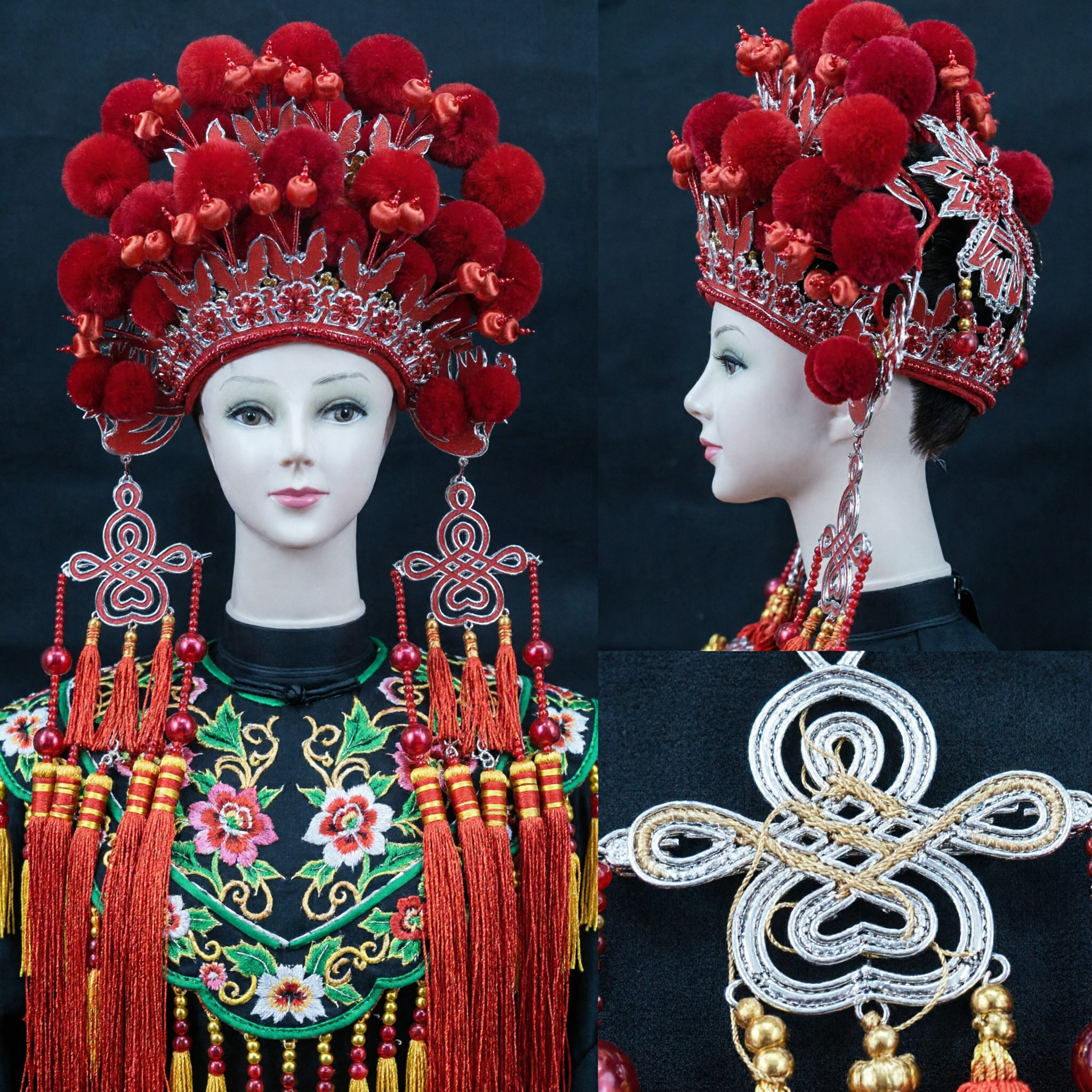 Copricapo Tradizionale dell'Opera Cinese Corona Fenice Pon-Pon Velluto Rosso Accessorio Capelli da Sposa per Donne - Asian Costume