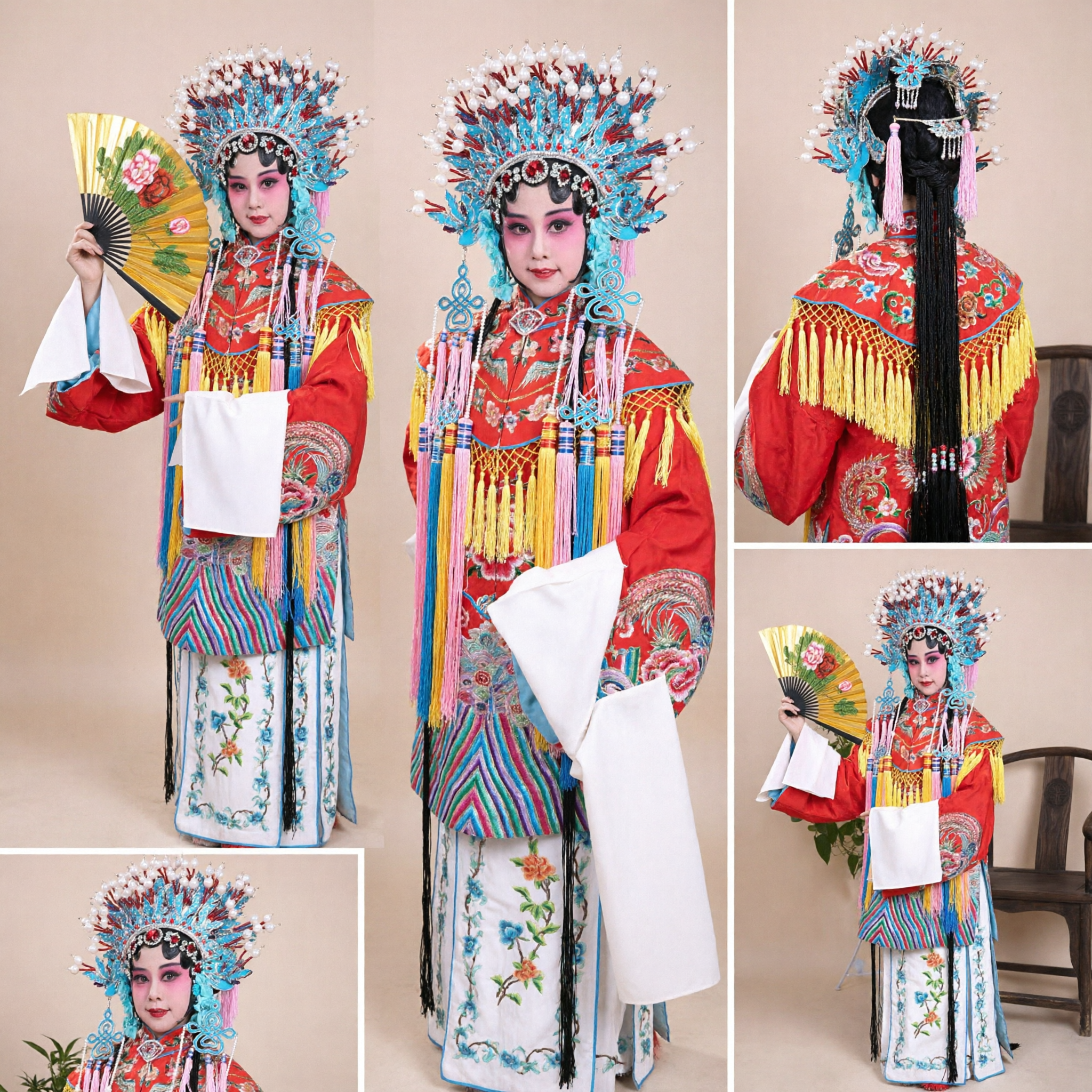 Traditionelles Chinesisches Peking-Opera-Kostüm für Frauen Rotes Besticktes Kleid mit Kopfschmuck und Fächer für Bühnenaufführung - Asian Costume