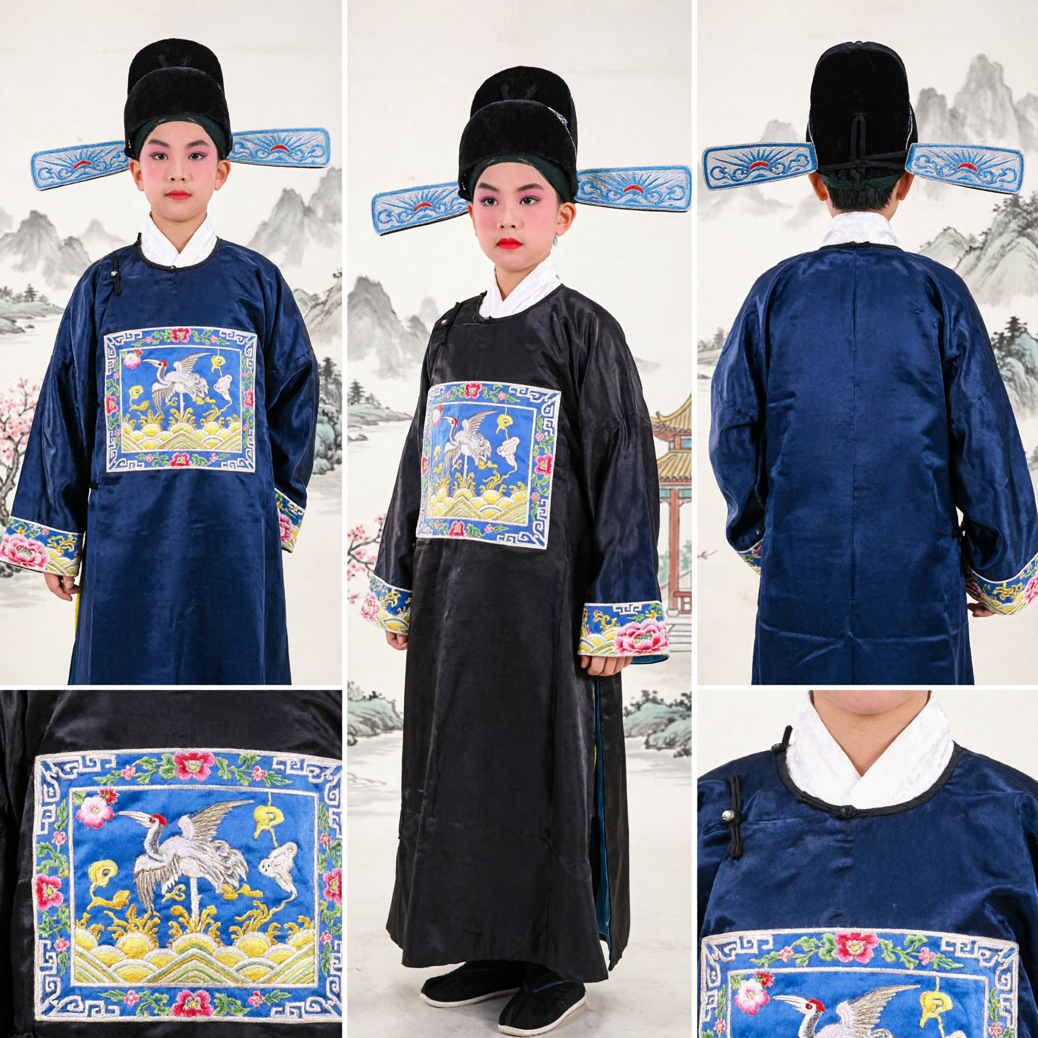 Traditional Chinese Peking Opera Costume for Kids Boys Black Official Robe with Embroidered Crane - Asian Costume