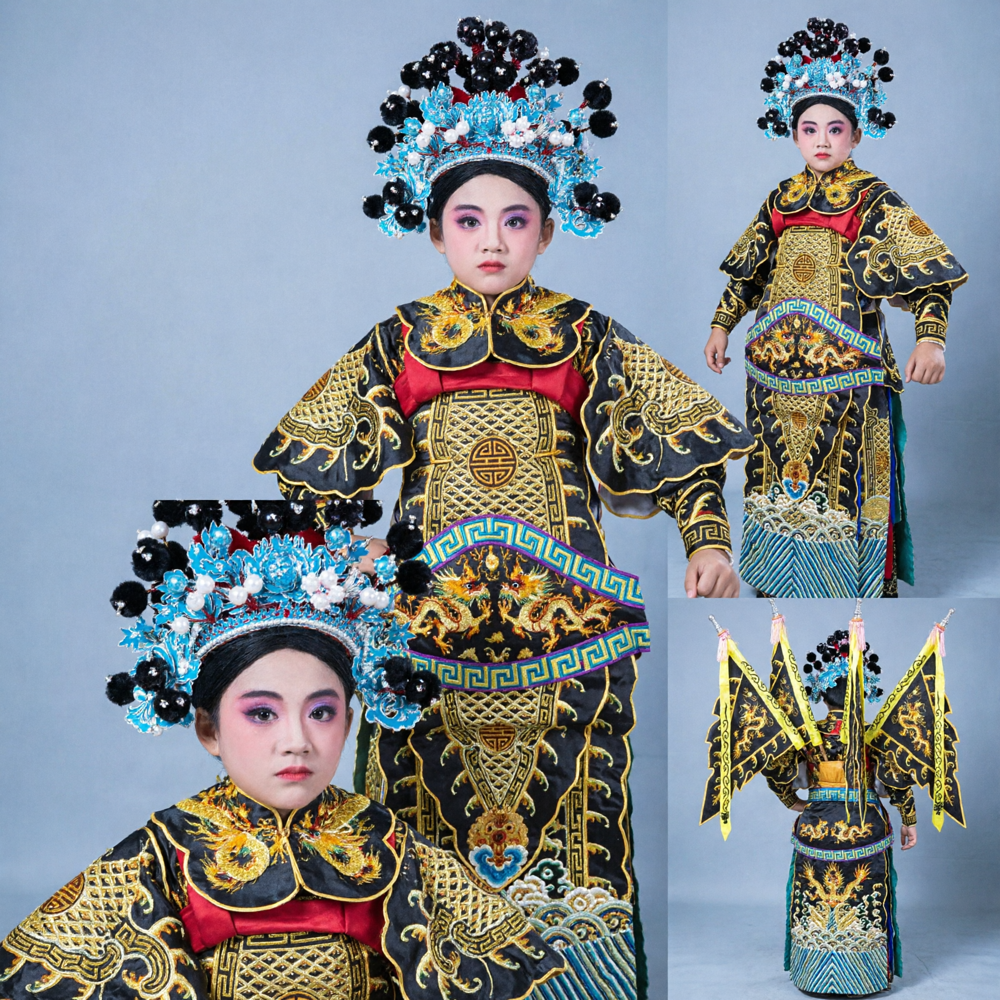 Costume de Général d'Opéra de Pékin Chinois pour Enfants Ensemble d'Armure de Guerrier Traditionnel avec Drapeaux au Dragon et Coiffe - Asian Costume