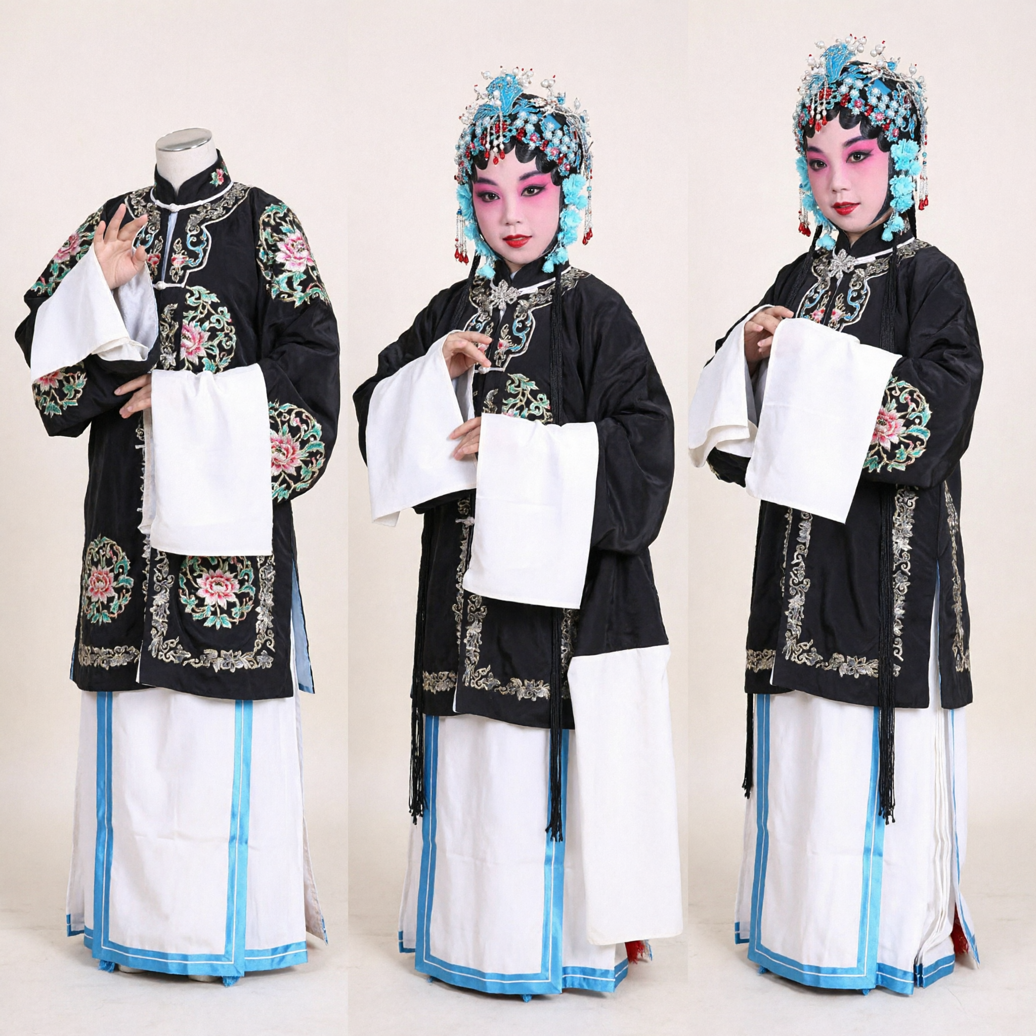 Traje Tradicional de Ópera de Pekín para Niños Túnica Negra Bordada Mangas de Agua Blancas Vestido Escénico - Asian Costume