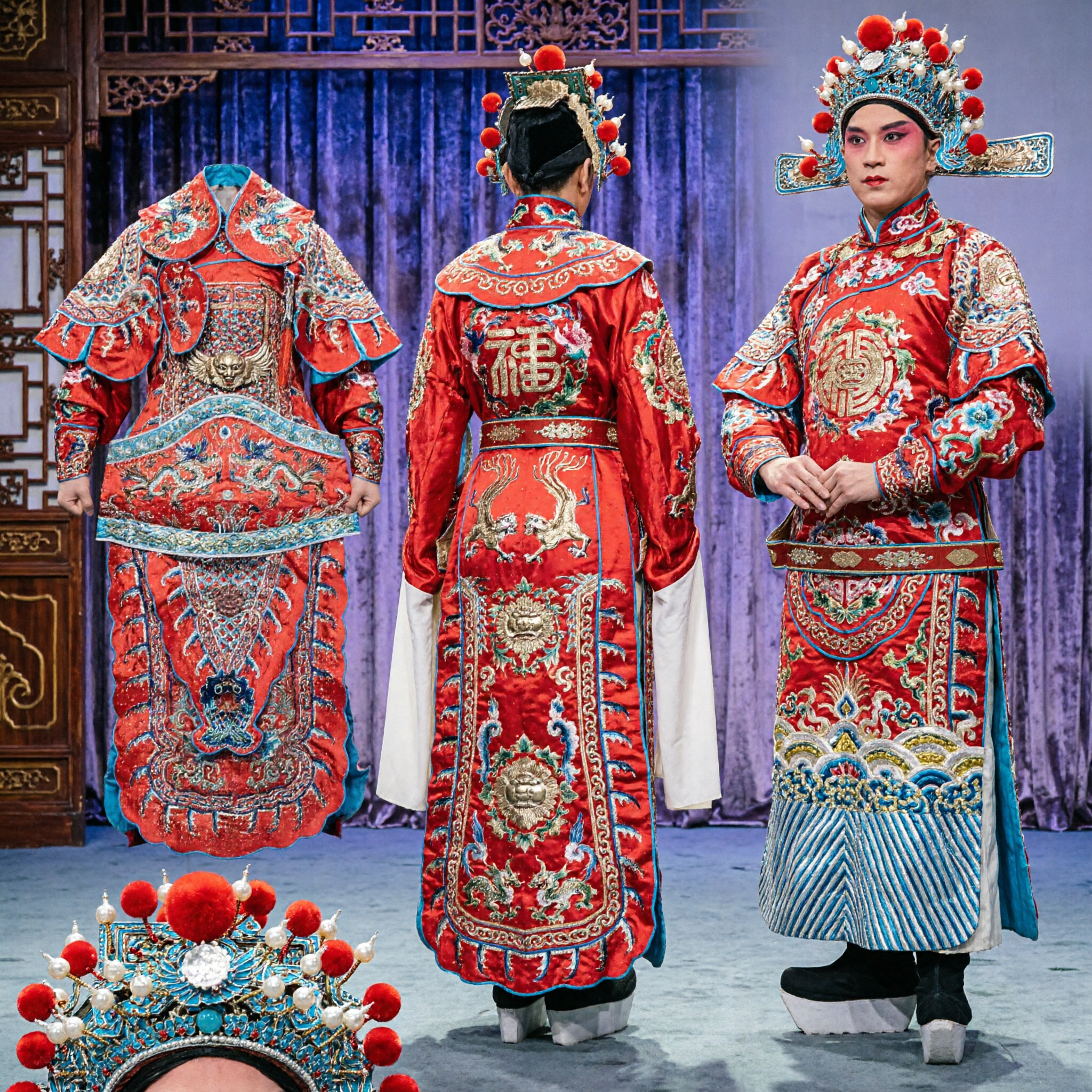 Traditional Chinese Peking Opera General Costume Red Embroidered Warrior Armor with Flags for Men Stage Performance - Asian Costume