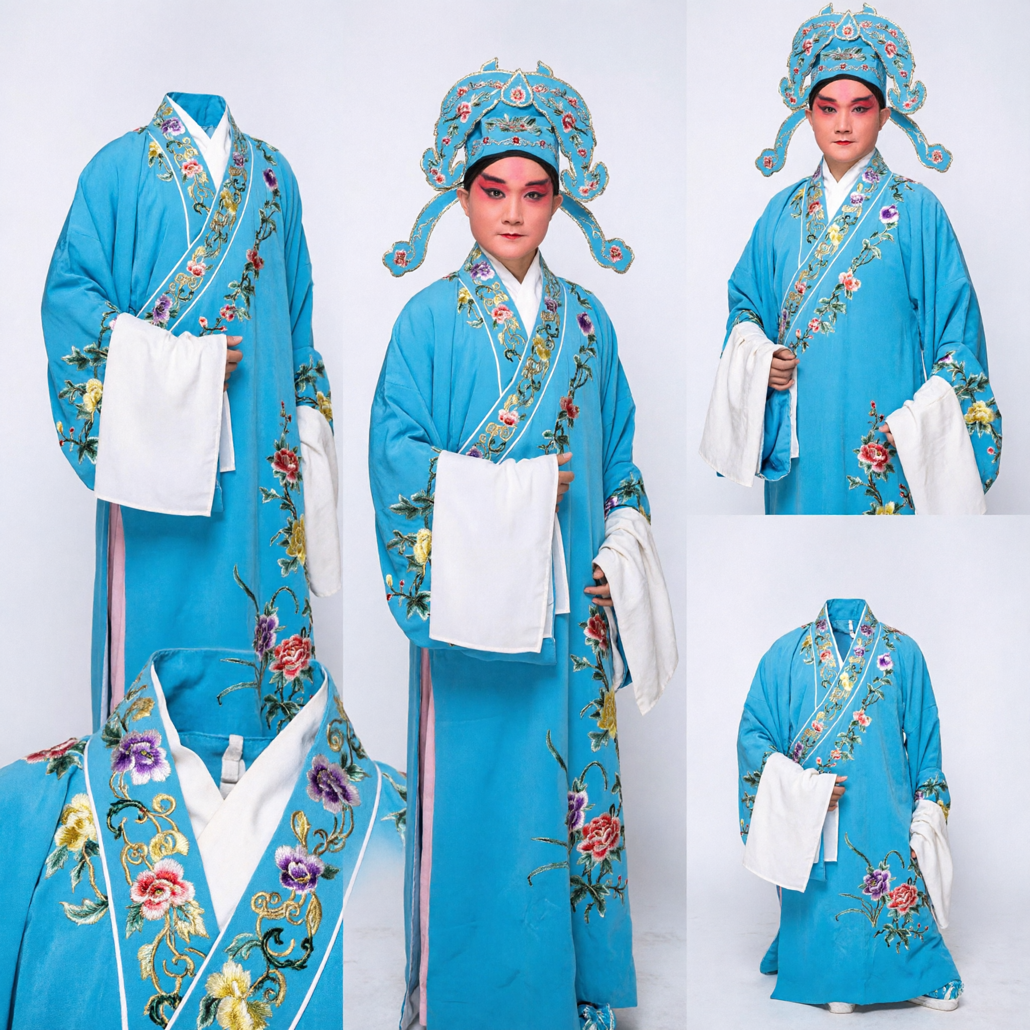 Costume d'opéra chinois traditionnel bleu - Robe d'érudit de l'opéra de Pékin avec broderie florale pour hommes - Asian Costume