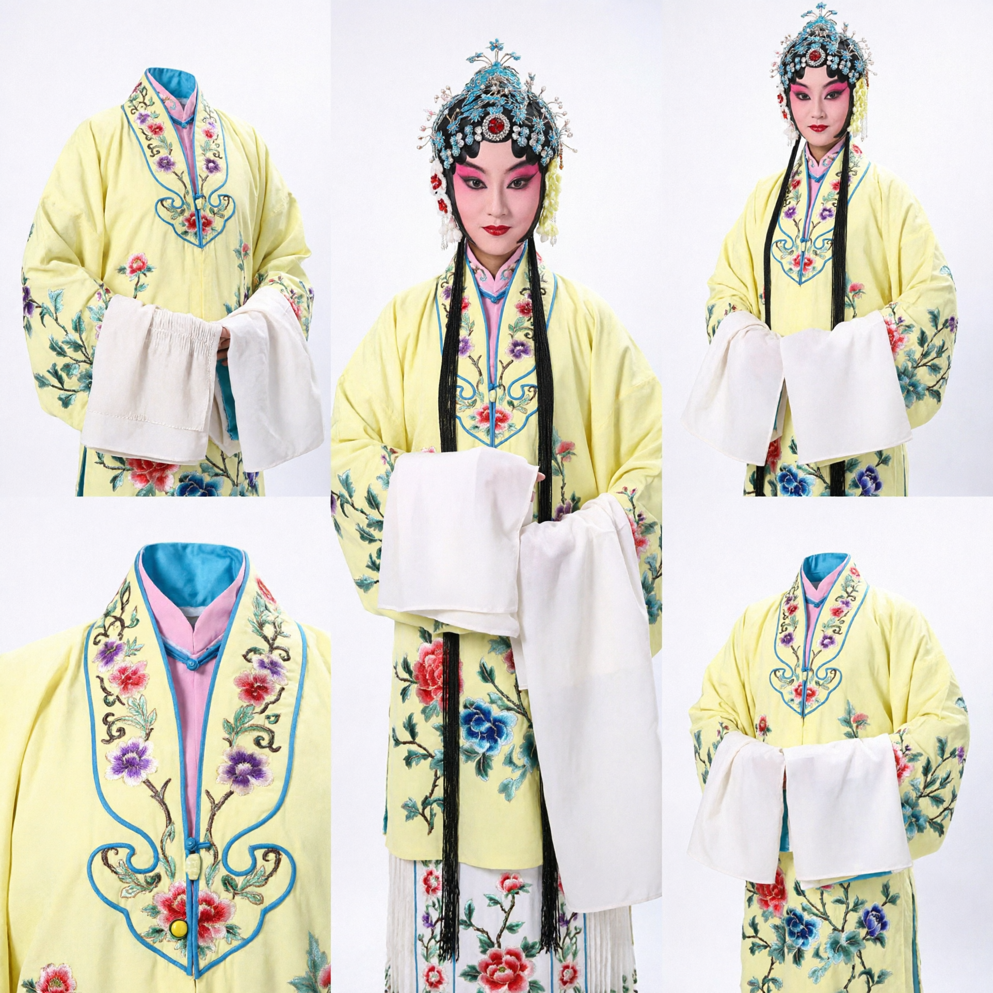 Traditionelles chinesisches Peking-Oper-Kostüm, gelb bestickte Robe mit Kopfschmuck für Frauen, Bühnenauftritt - Asian Costume