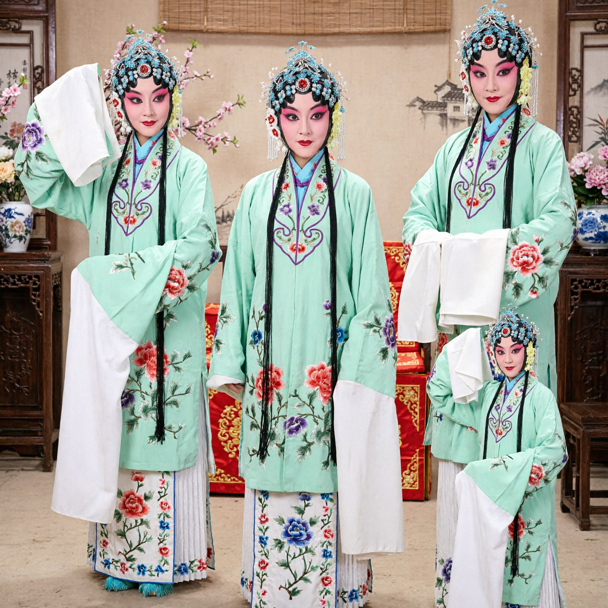 Traje Tradicional da Ópera de Pequim Verde Bordado com Mangas D'Água (Water Sleeves) para o Papel Feminino Dan, Performance de Palco - Asian Costume