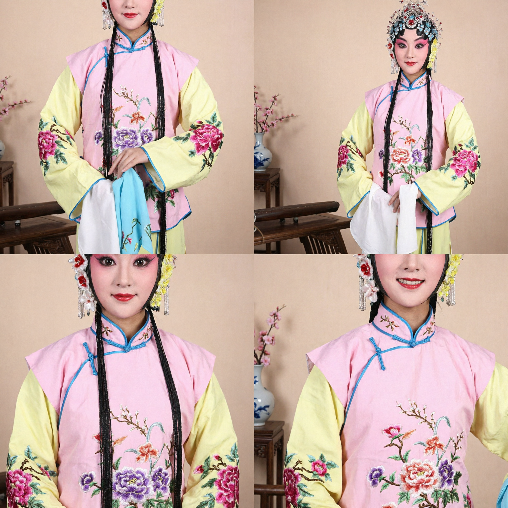 Costume Tradizionale dell'Opera di Pechino per il Ruolo Femminile Dan, Set Completo Abito Ricamato Rosa e Giallo per Spettacoli - Asian Costume