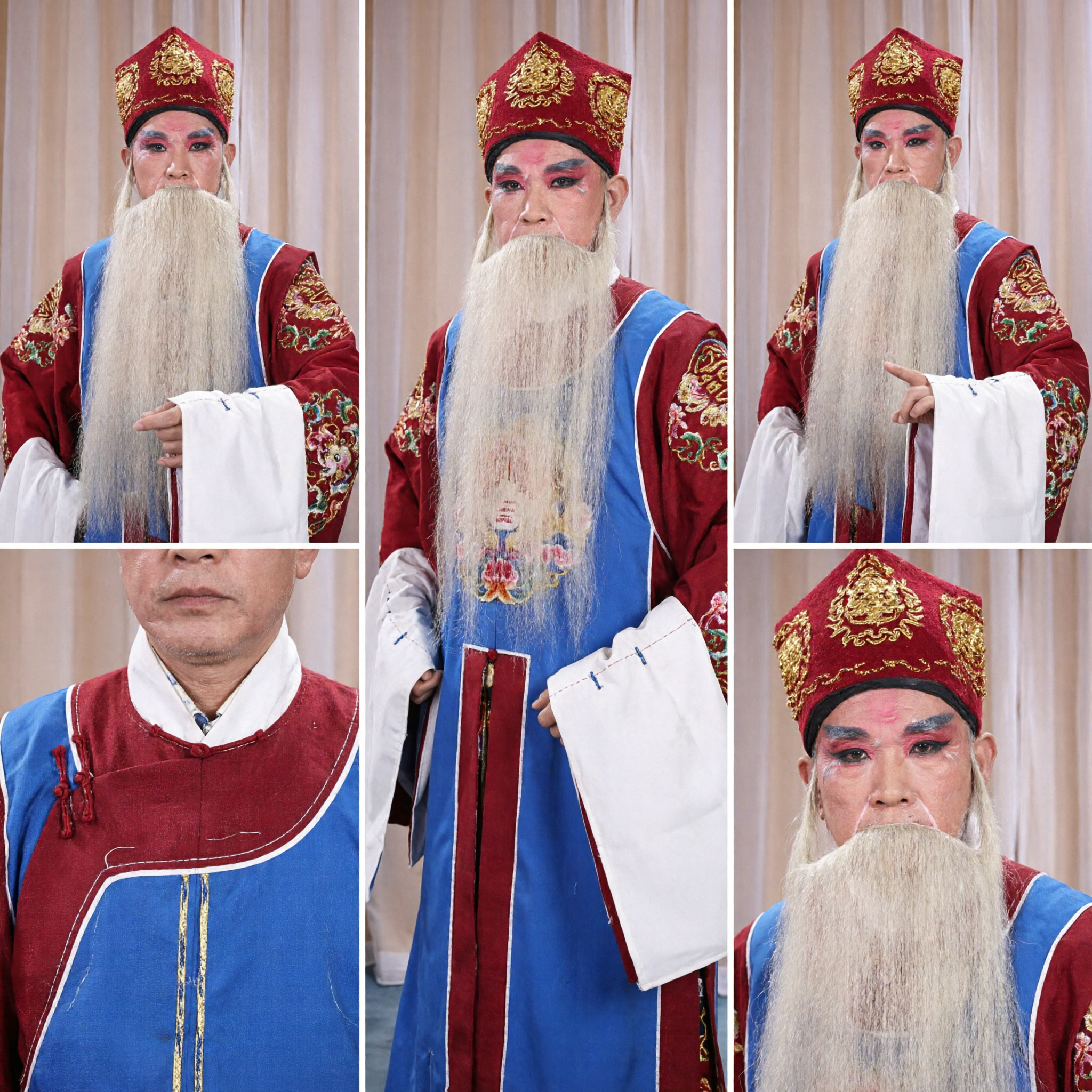 Tradycyjny chiński strój z Opery Pekińskiej starożytnego urzędnika niebieska szata z białą brodą i kapeluszem dla mężczyzn na scenę - Asian Costume