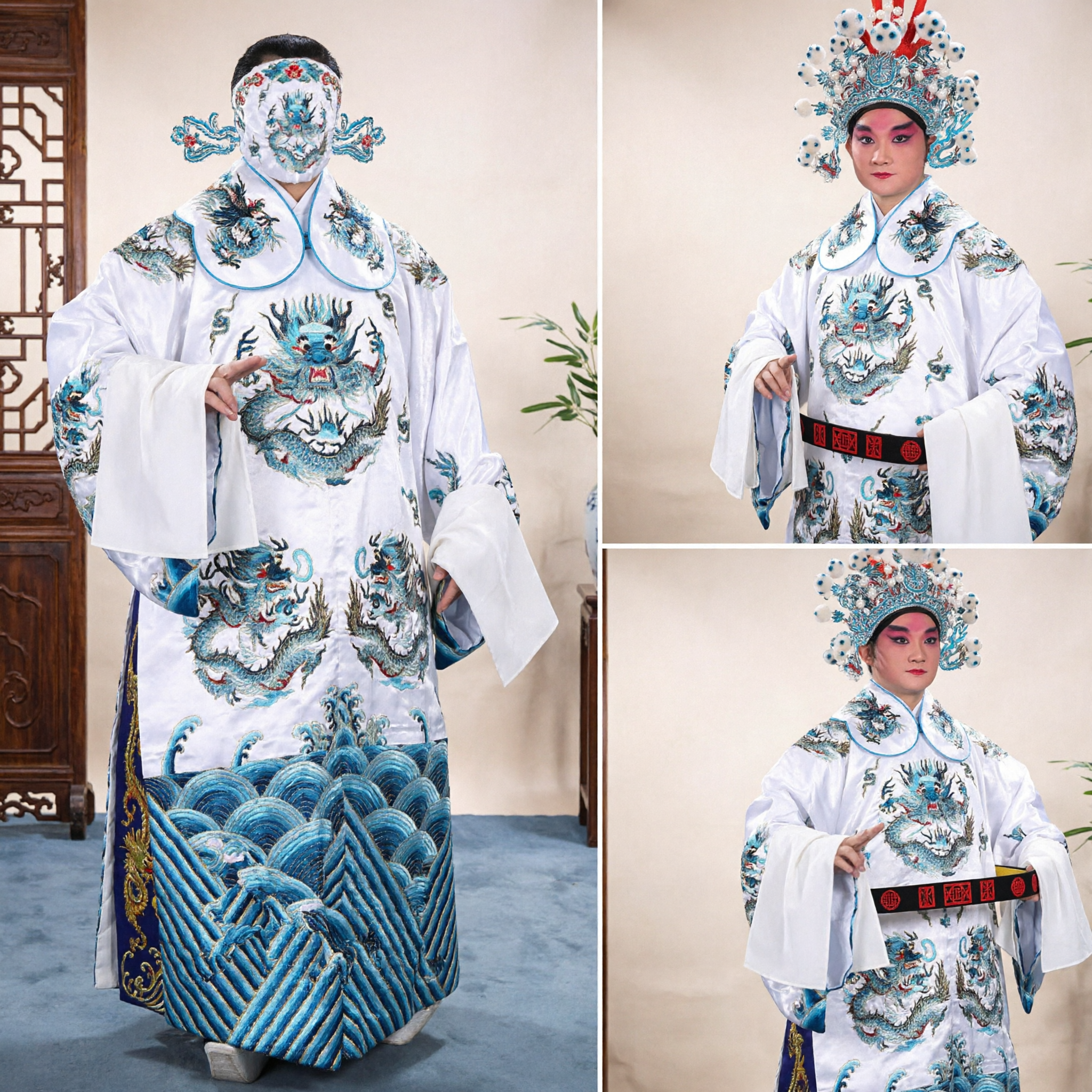 Traje de la Ópera de Pekín Tradicional Túnica Blanca con Bordado de Dragón para la Actuación Masculina de Xiaosheng en el Escenario - Asian Costume