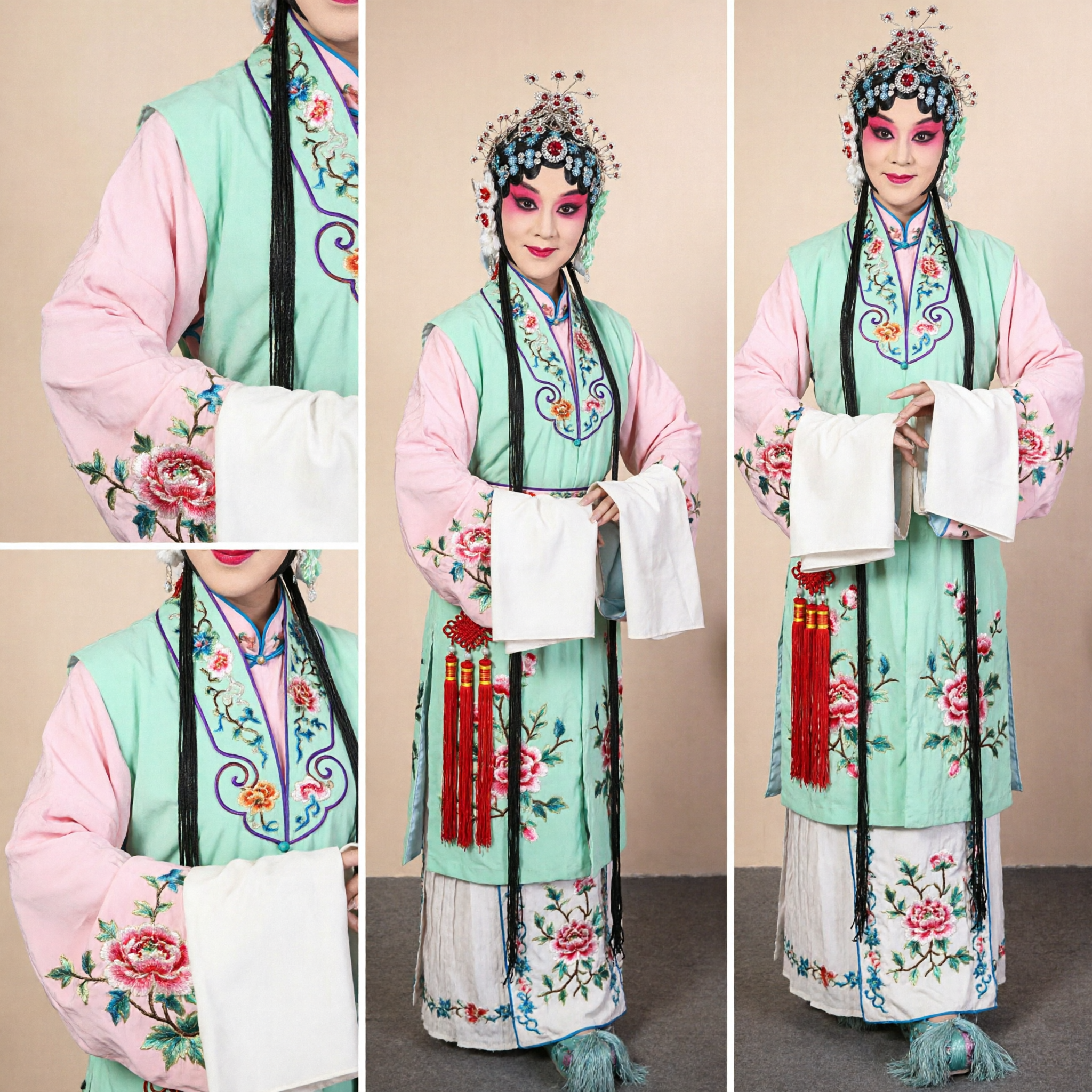 Costume Tradizionale dell'Opera di Pechino Cinese per Donne Set Abito Verde con Ricamo Floreale con Copricapo e Ventaglio - Asian Costume