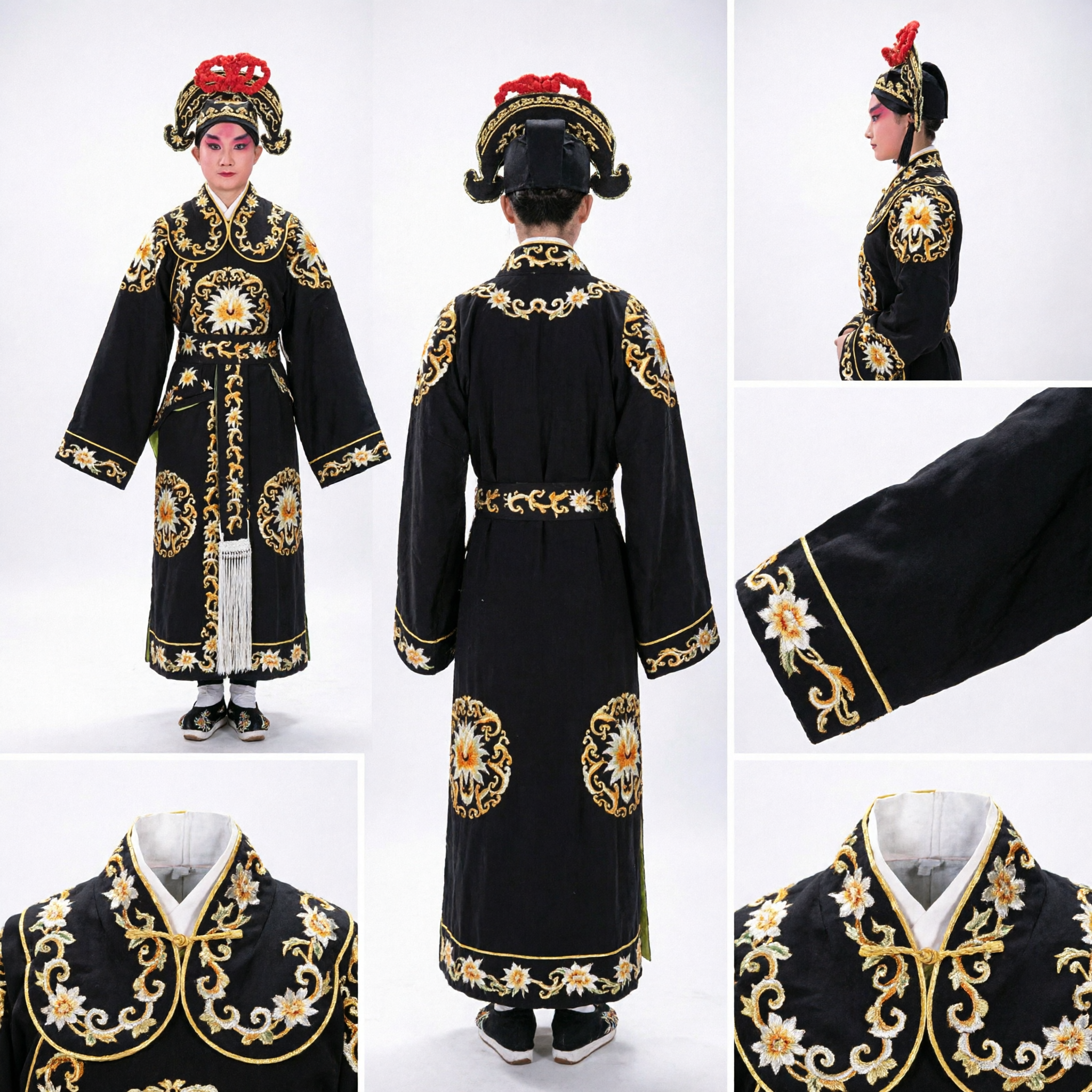Traditional Chinese Peking Opera General Costume for Men Black Gold Embroidered Warrior Robe with Headdress and Spear - Asian Costume