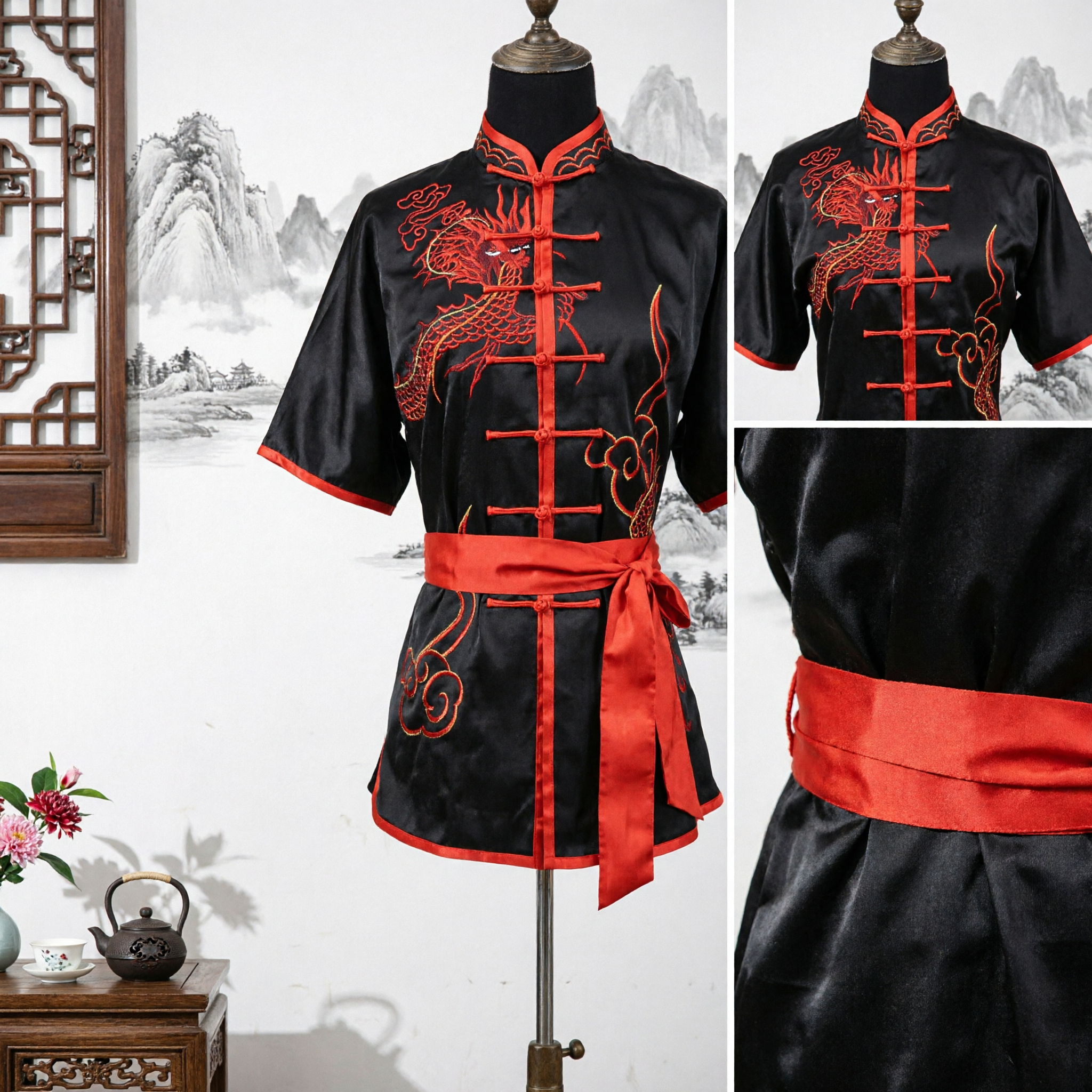 Uniforme tradizionale cinese per Kung Fu in raso nero con ricamo del drago, set completo per Tai Chi e Wushu - Asian Costume