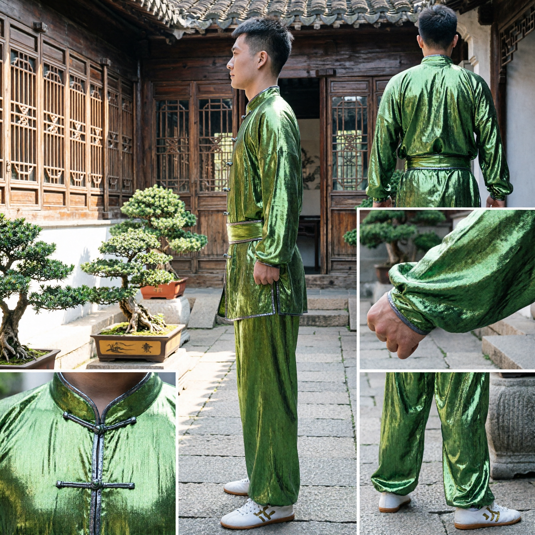 Uniforme professionale per Kung Fu in raso verde per uomini, costume tradizionale cinese per arti marziali e allenamento Tai Chi - Asian Costume