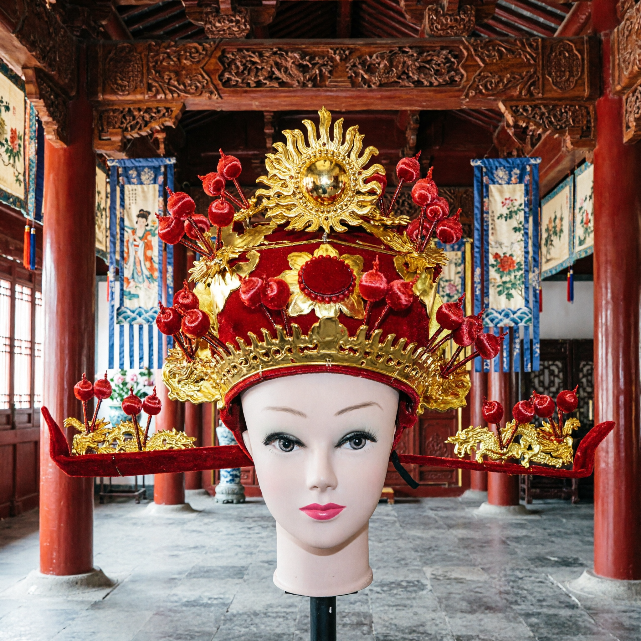 Coiffe d'Opéra de Pékin traditionnelle chinoise, couronne phénix d'impératrice ancienne en velours rouge avec couronne dorée, accessoire pour spectacle scénique - Asian Costume