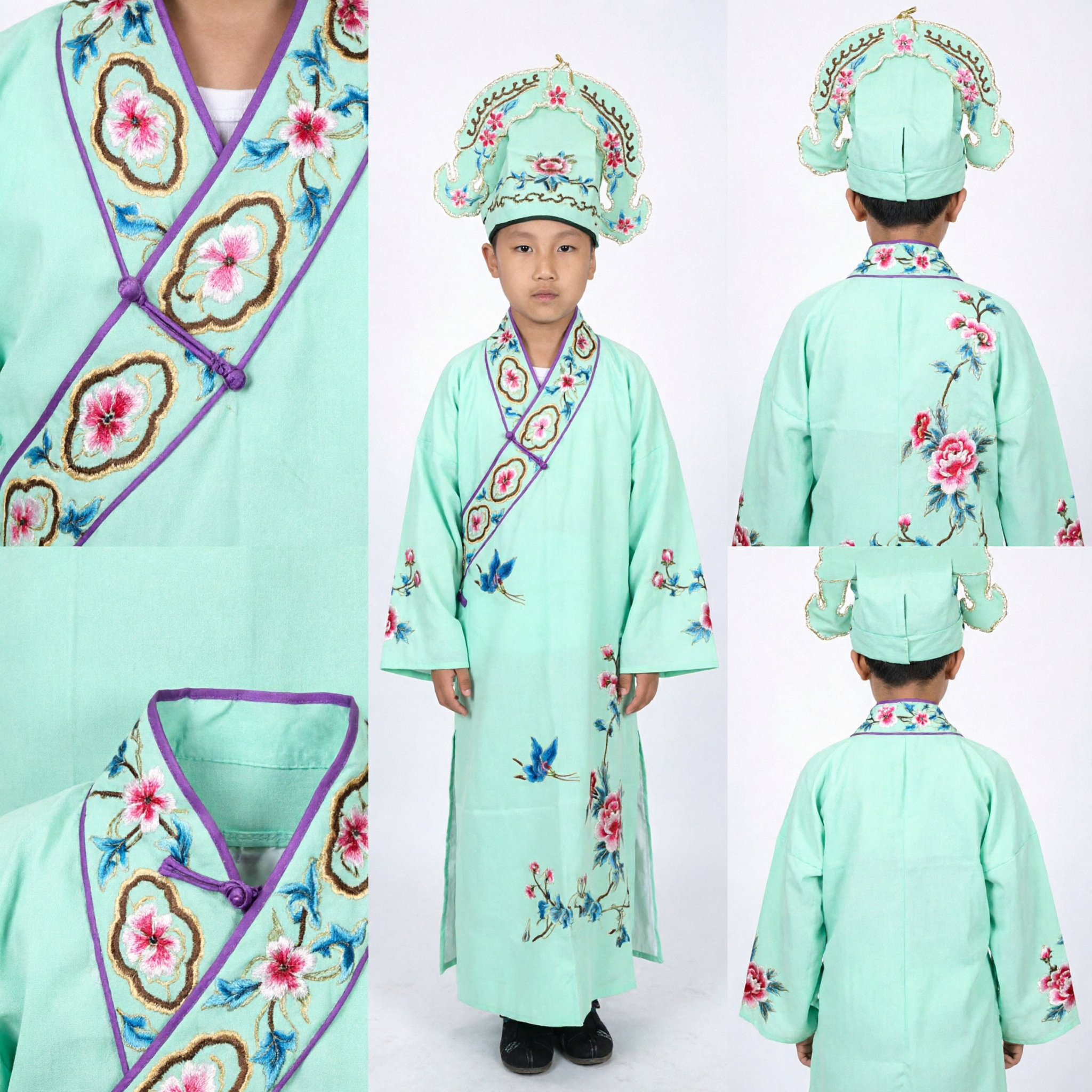 Traditionelles chinesisches Gelehrtenkostüm für Jungen, Kinder, antikes besticktes grünes Hanfu-Gewand-Outfit mit Hut- und Fächer-Set - Asian Costume