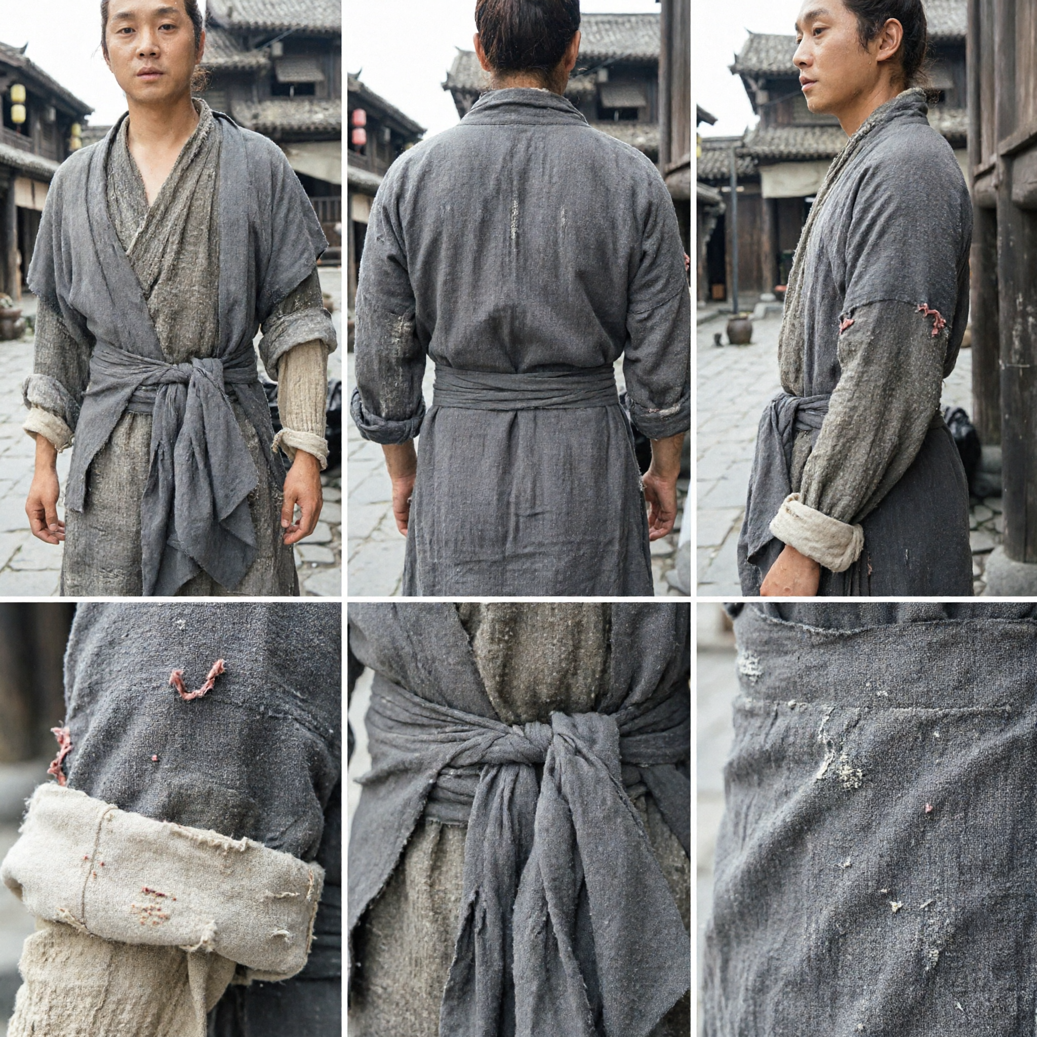 Robe de Linho Cinza de Camponês Chinês Antigo para Homens, Traje Tradicional Hanfu para Cosplay Wuxia e Drama Histórico - Asian Costume