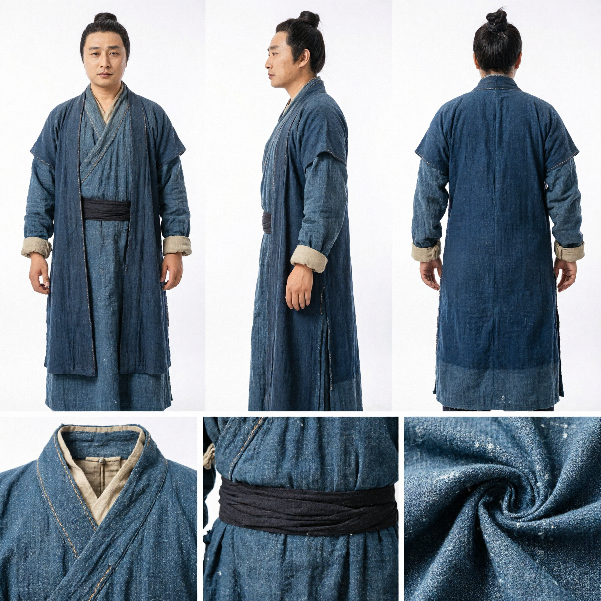 남성 고대 중국 무협 검객 의상 회색 리넨 한푸 로브 무협 사극 코스프레 - Asian Costume
