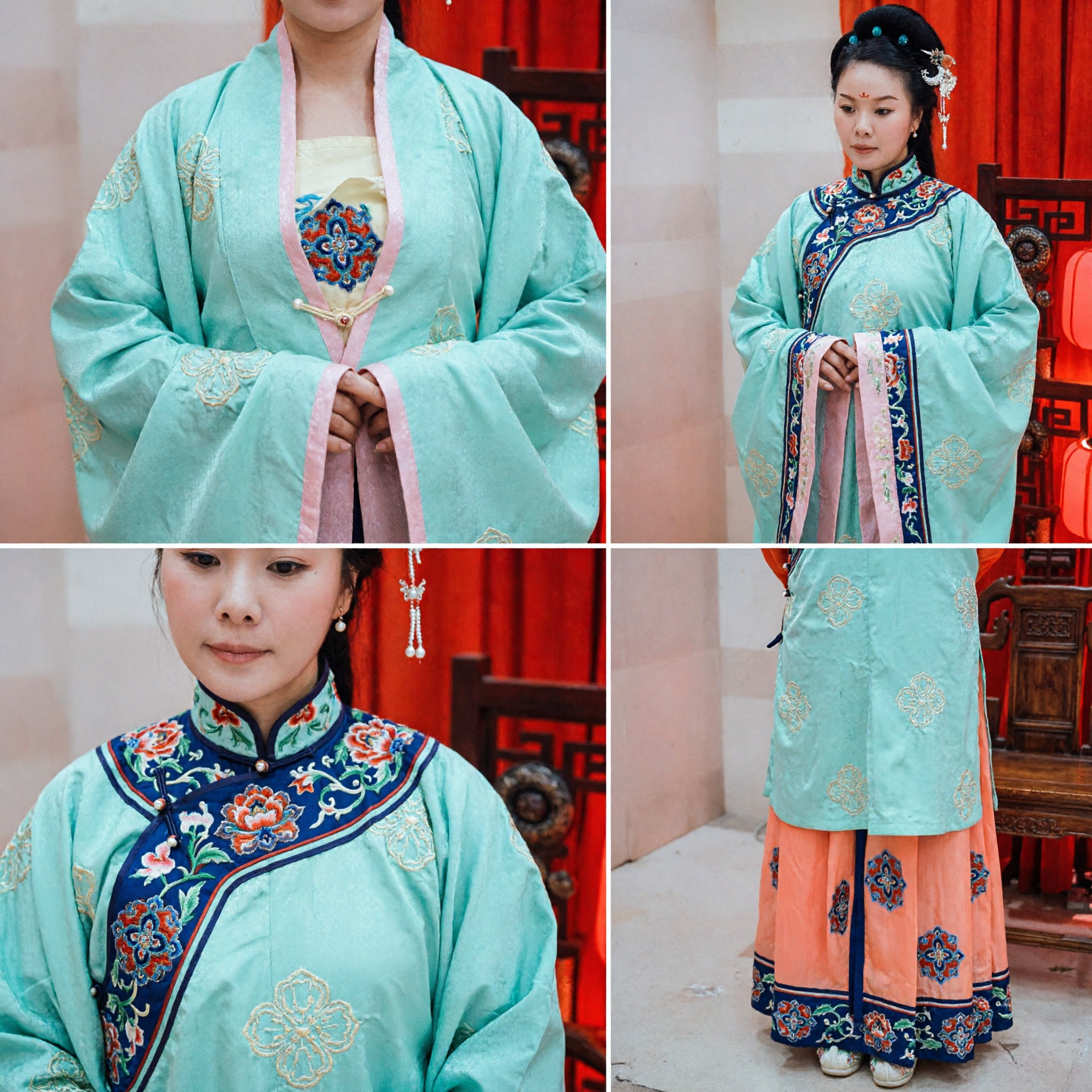 Tradycyjny chiński strój Hanfu dla kobiet Starożytna suknia księżniczki Zielona bluzka z szerokimi rękawami Pomarańczowa spódnica na Cosplay i występy - Asian Costume