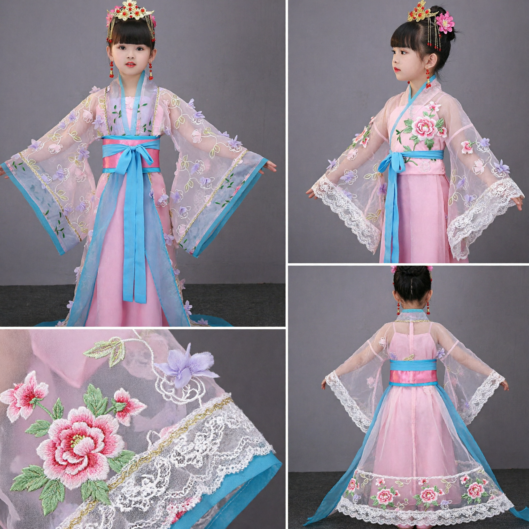 Mädchen traditionelles chinesisches Hanfu-Kostüm Rosa Tang-Dynastie-Feenkleid mit Blumenstickerei für Kinderauftritte - Asian Costume