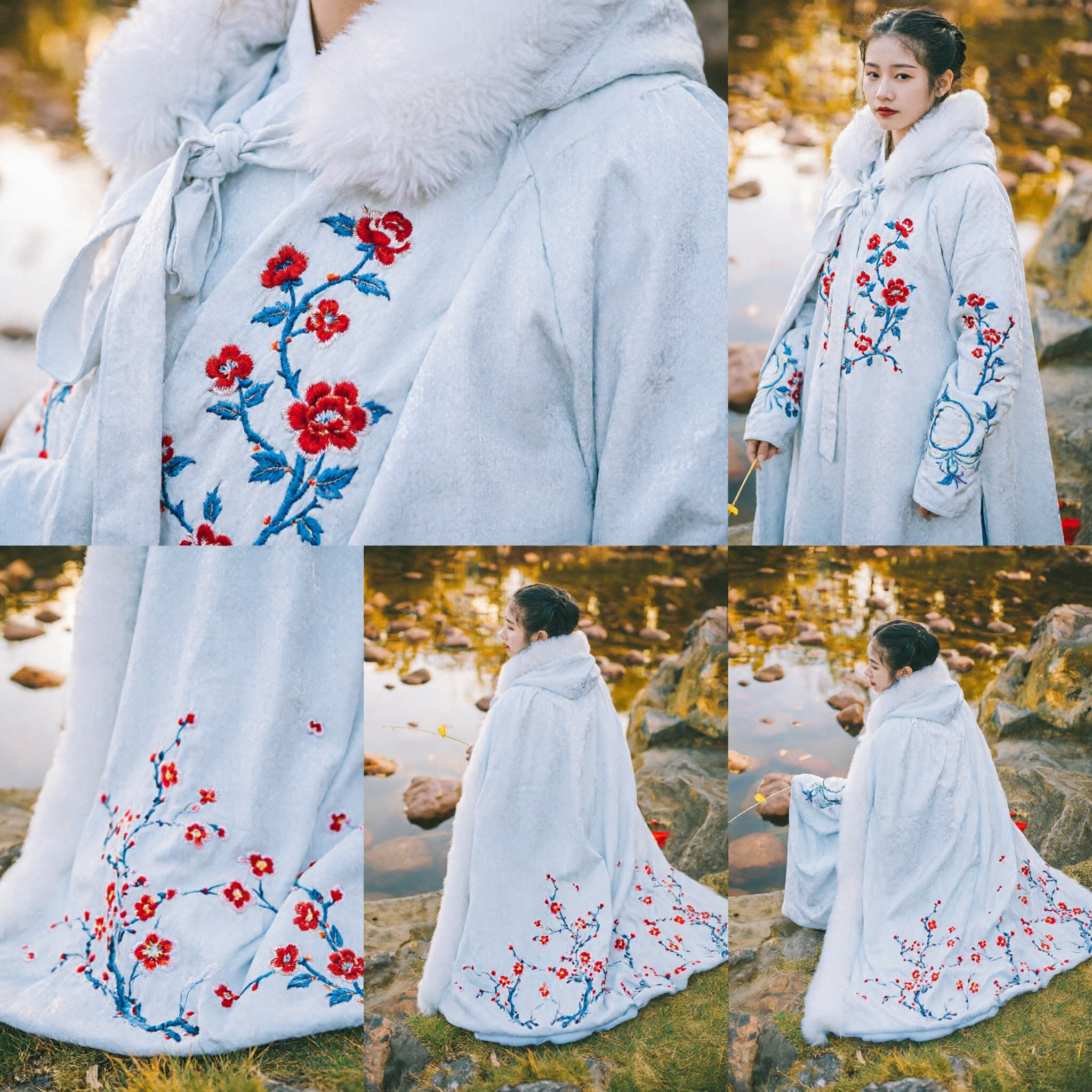 Capa de Invierno Tradicional China con Capucha de Piel Blanca, Capa Hanfu con Bordado de Flor de Ciruelo Roja para Mujeres - Asian Costume