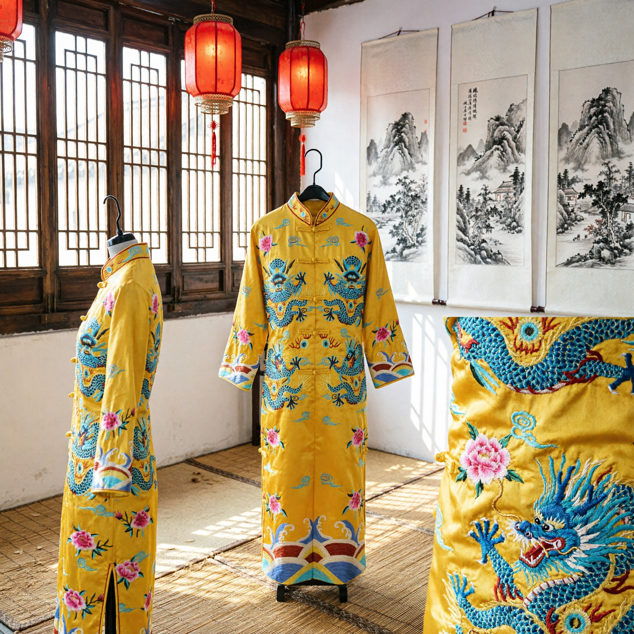 Traditional Yellow Dragon Embroidery Tang Suit Chinese Satin Costume for Men Performance Wedding Ceremony - Asian Costume