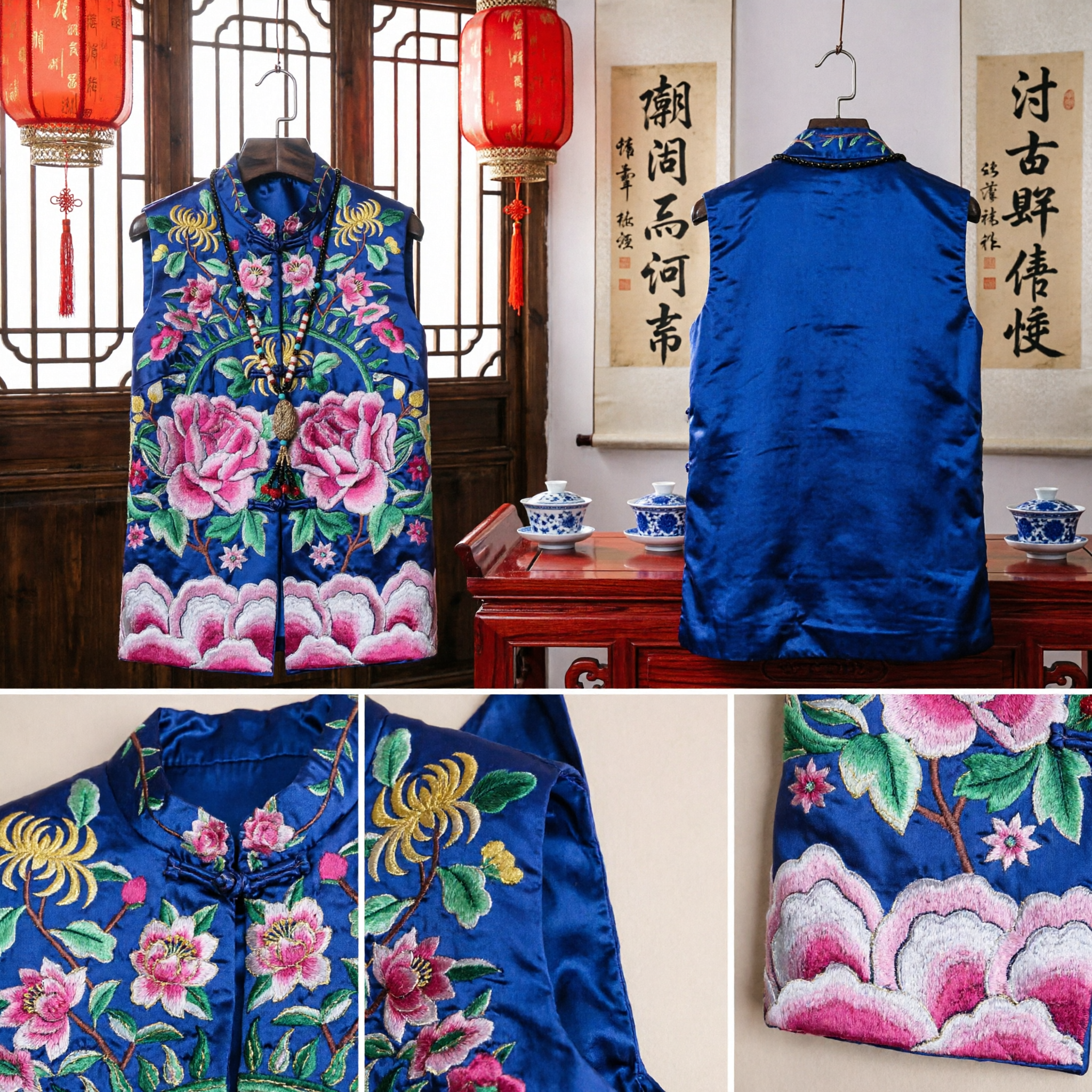 Traditioneel Chinese Blauwe Zijde Geborduurd Vest Vrouwen Vintage Pioenroos Tang Pak Gilet Etnische Top Kleding - Asian Costume