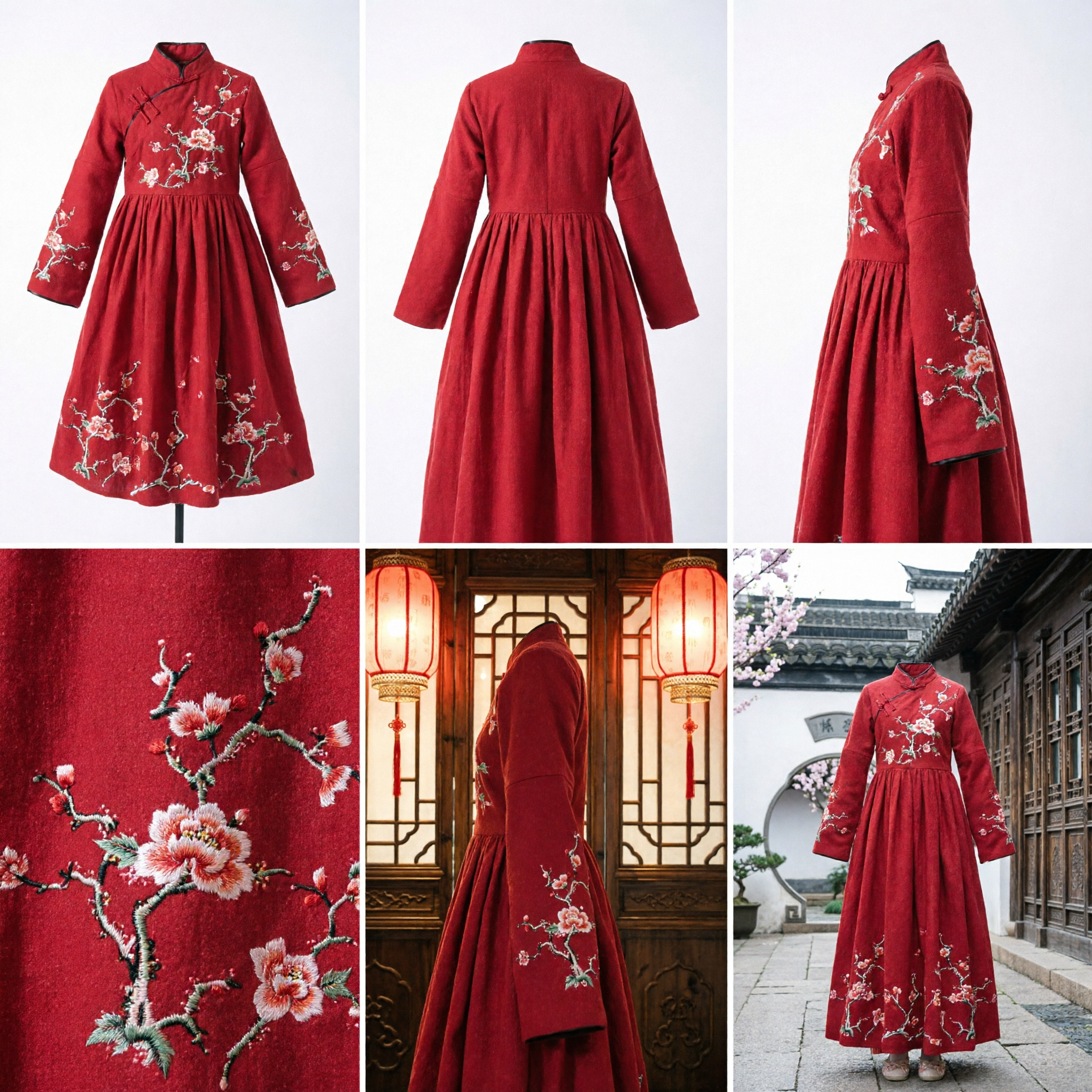 Capa de Inverno Vermelha Tradicional Chinesa com Capuz, Capa com Bordado de Ameixeira, Traje Hanfu para Mulheres - Asian Costume
