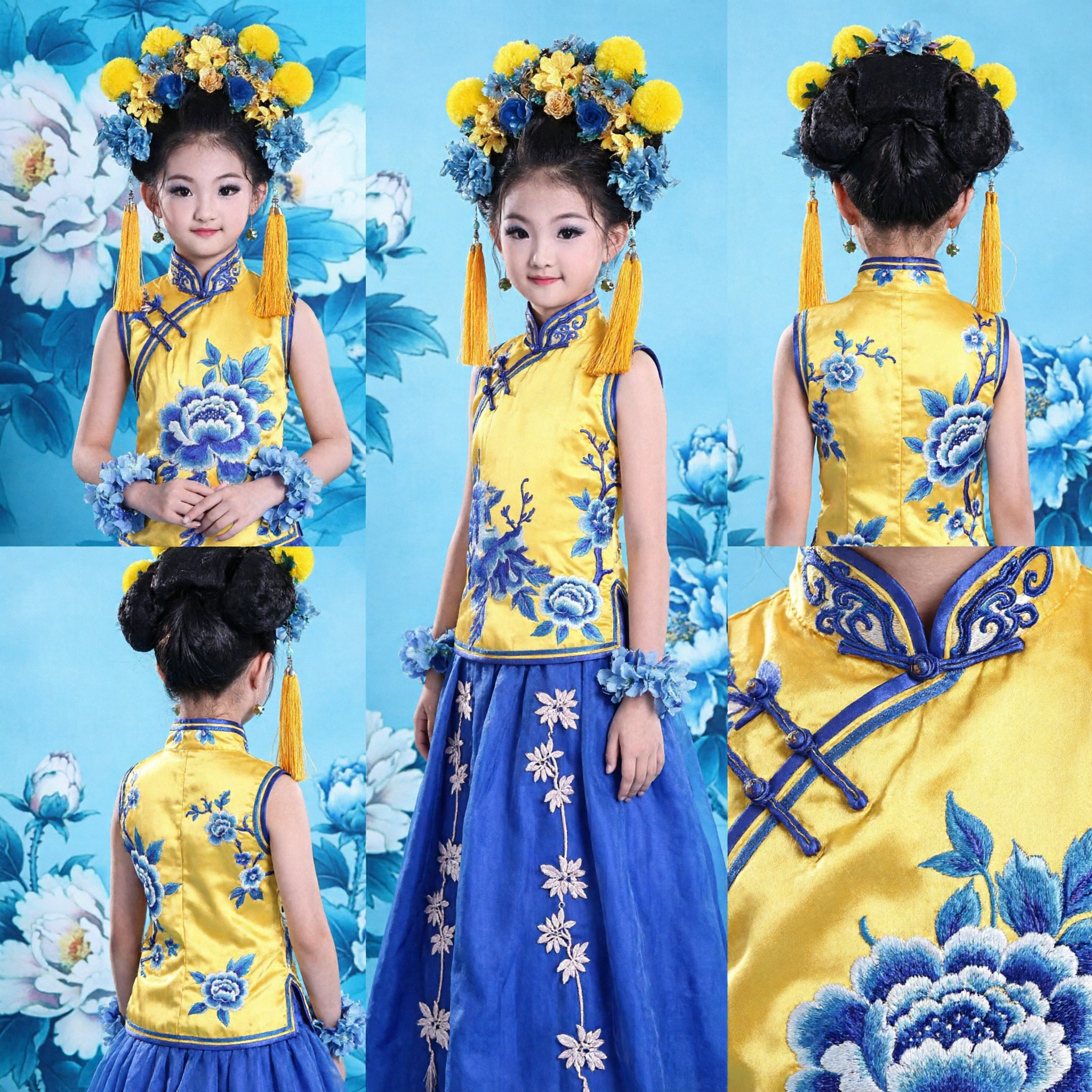 Kinderen Chinees Traditioneel Kostuum Gele Cheongsam Top Blauwe Tule Rok Oude Prinsesjurk voor Meisjes Podiumoptreden - Asian Costume