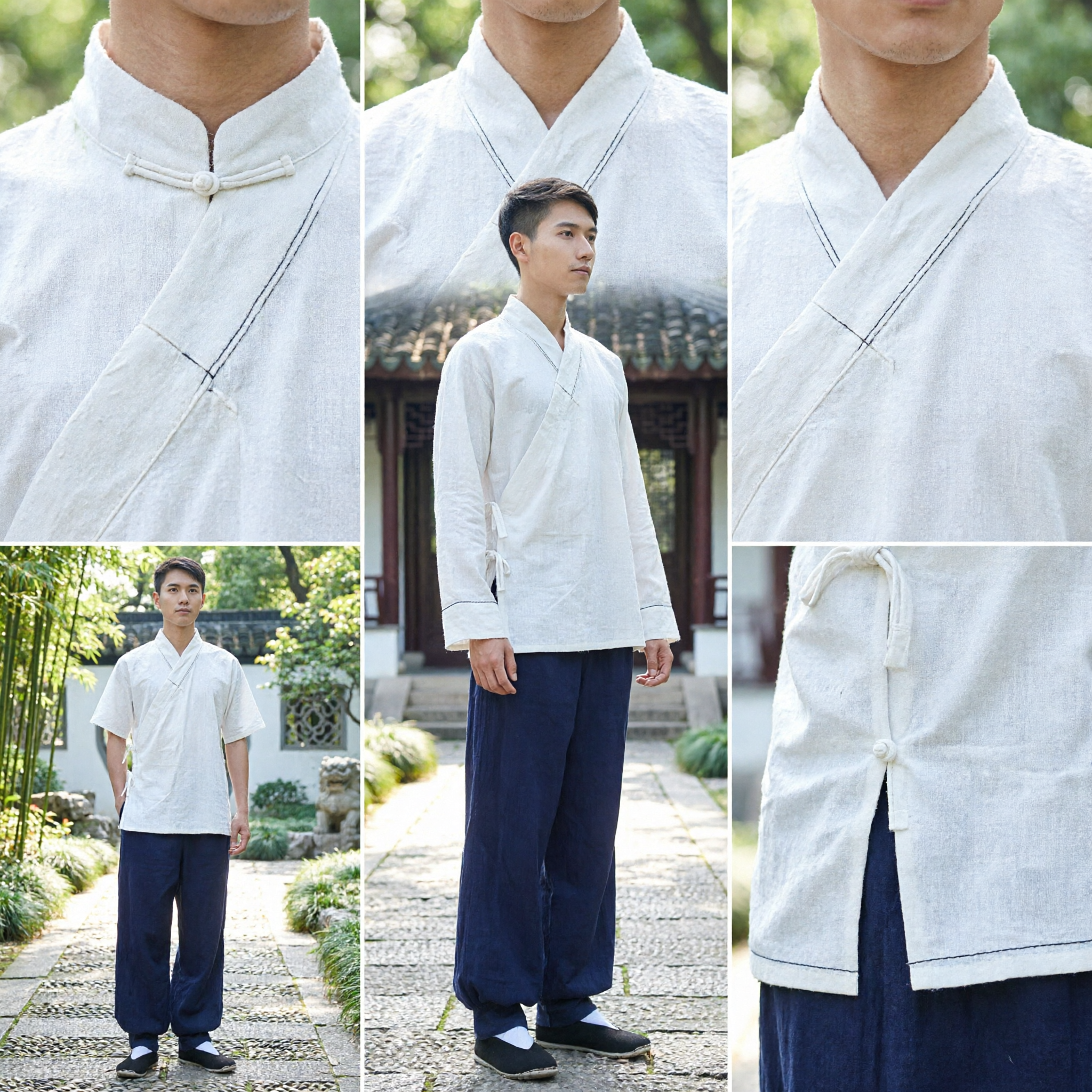 Traje Tradicional Chino Tang para Hombres Blusa de Manga Corta Blanca Pantalones Azul Marino para Uniforme de Tai Chi Kung Fu - Asian Costume