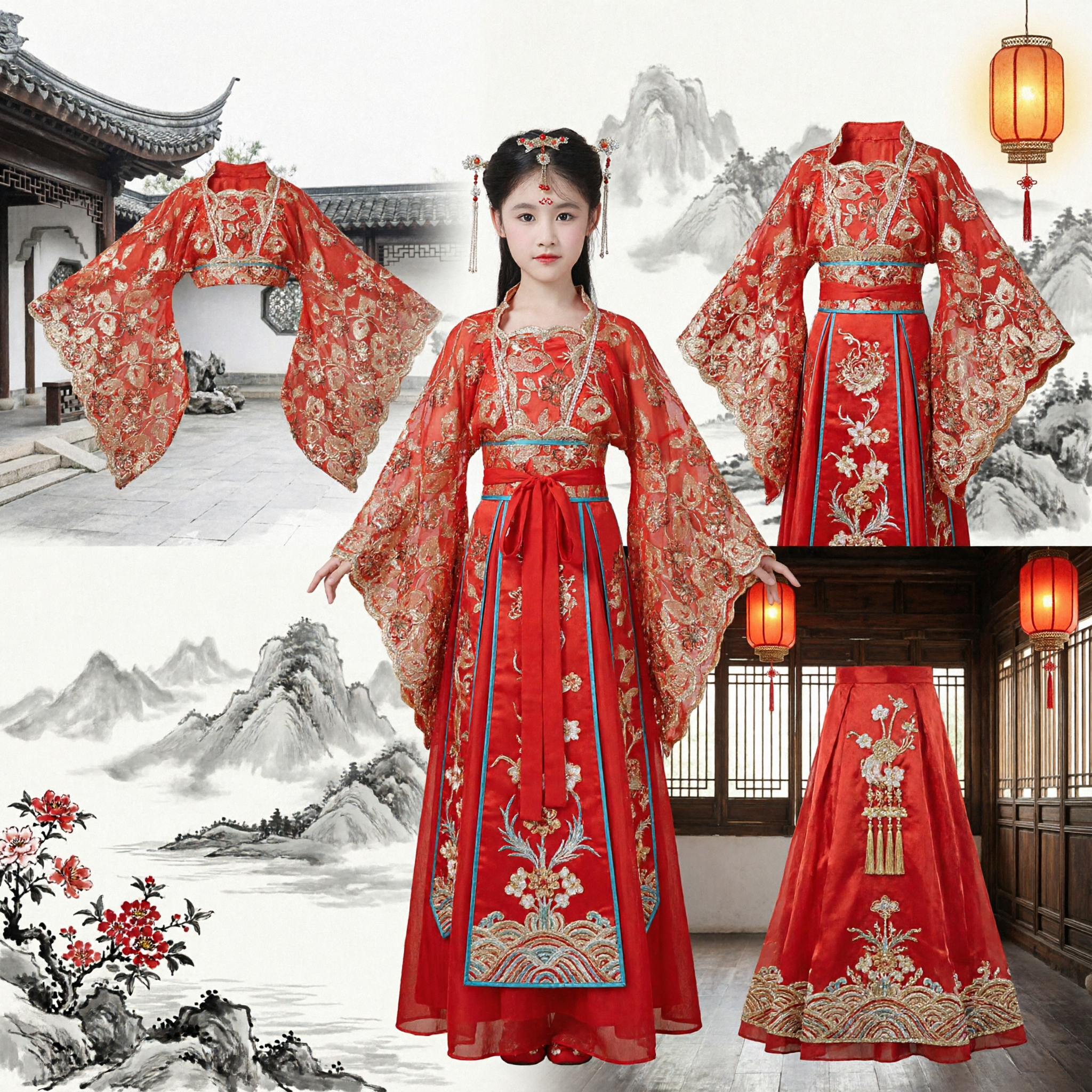 Traje Hanfu Tradicional Chinês para Crianças Vestido de Princesa Antigo Vermelho com Bordado Dourado Traje para Performance no Palco - Asian Costume
