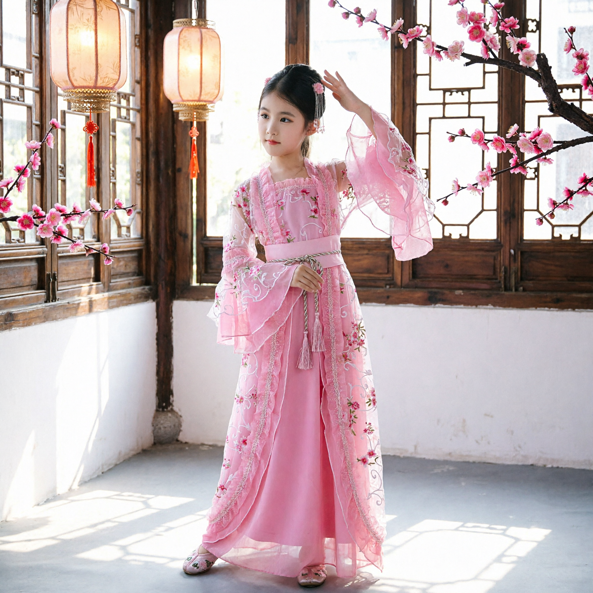 ピンク伝統的中国漢服ドレス 女児用古代仙女コスチューム 子供用刺繍ダンス公演衣装 - Asian Costume